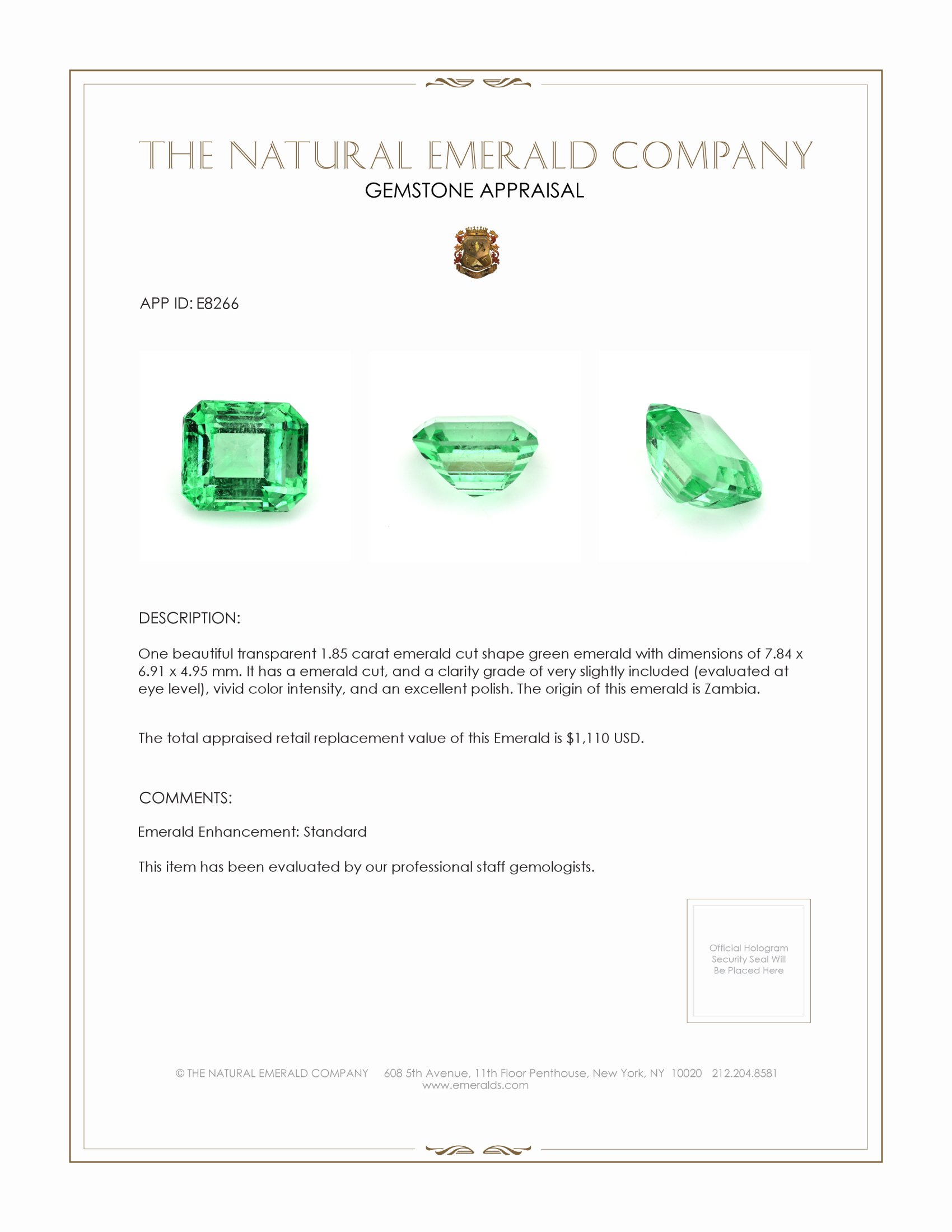 1.85 Ct. Emerald from Zambia
