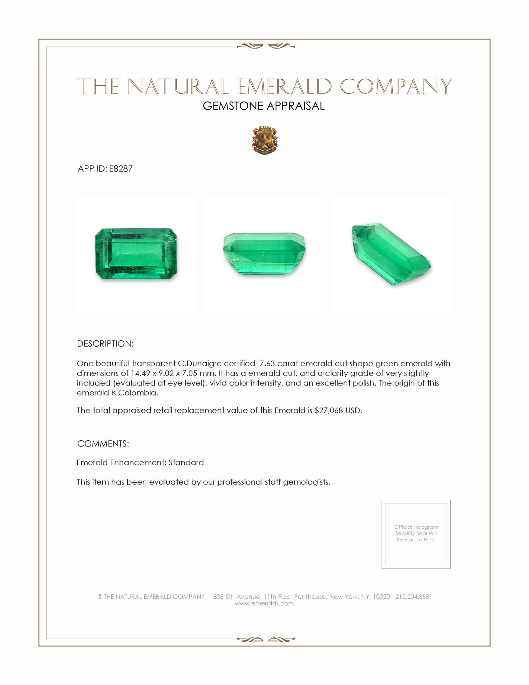 7.63 Ct. Emerald from Colombia