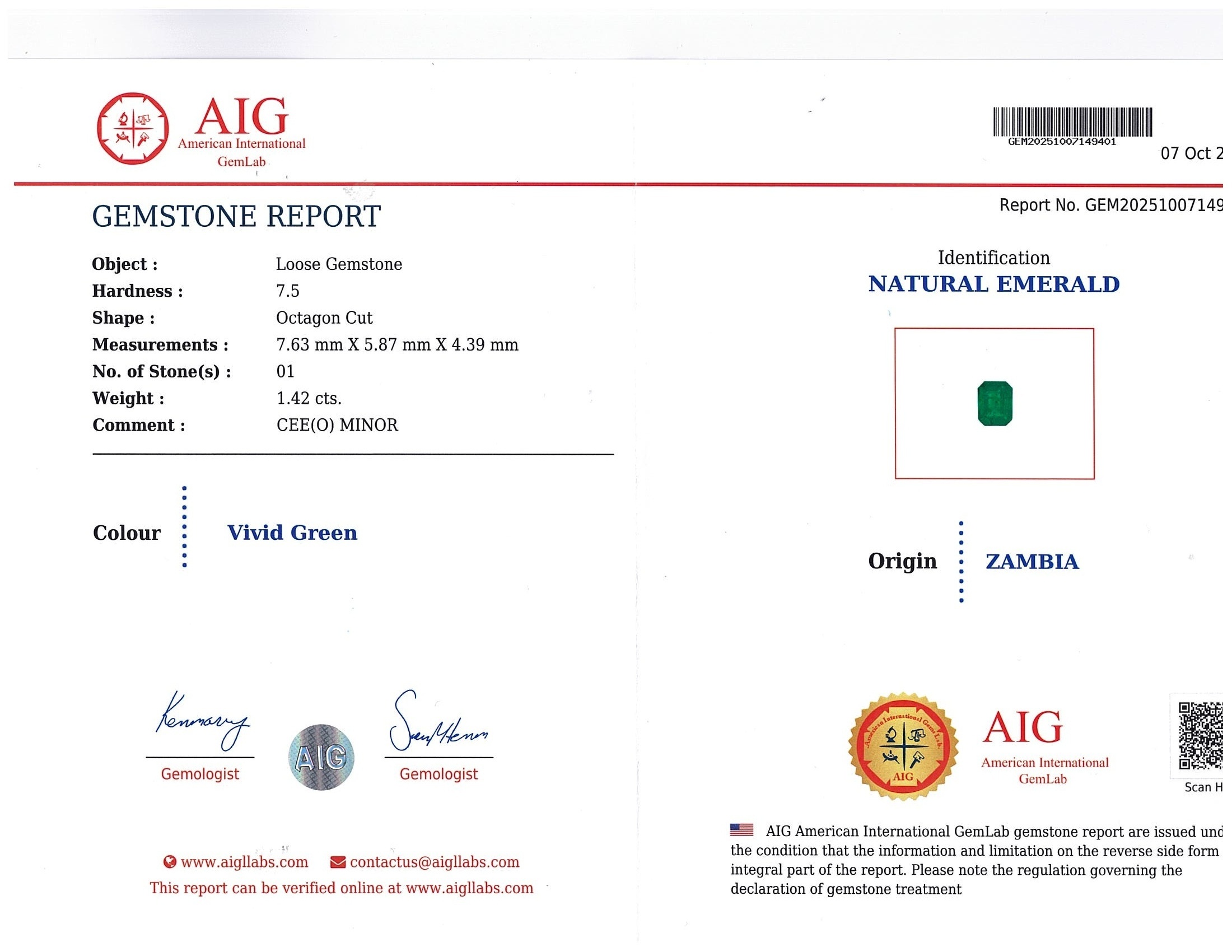 1.42 Ct. Emerald from Zambia