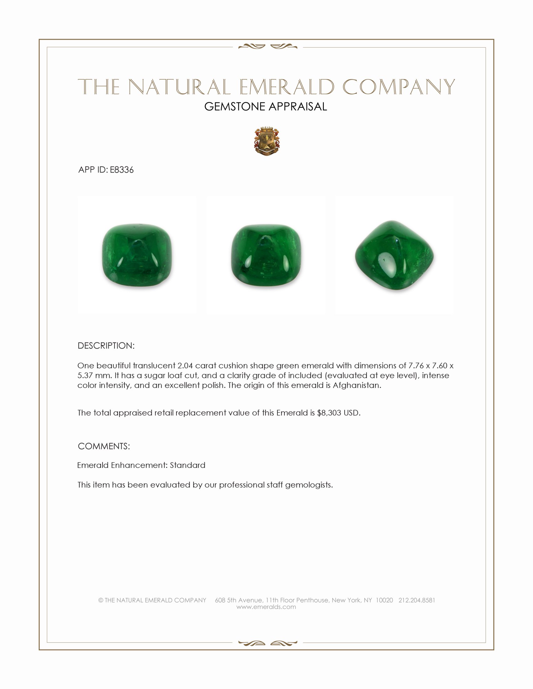 2.04 Ct. Cabochon Emerald from Afghanistan