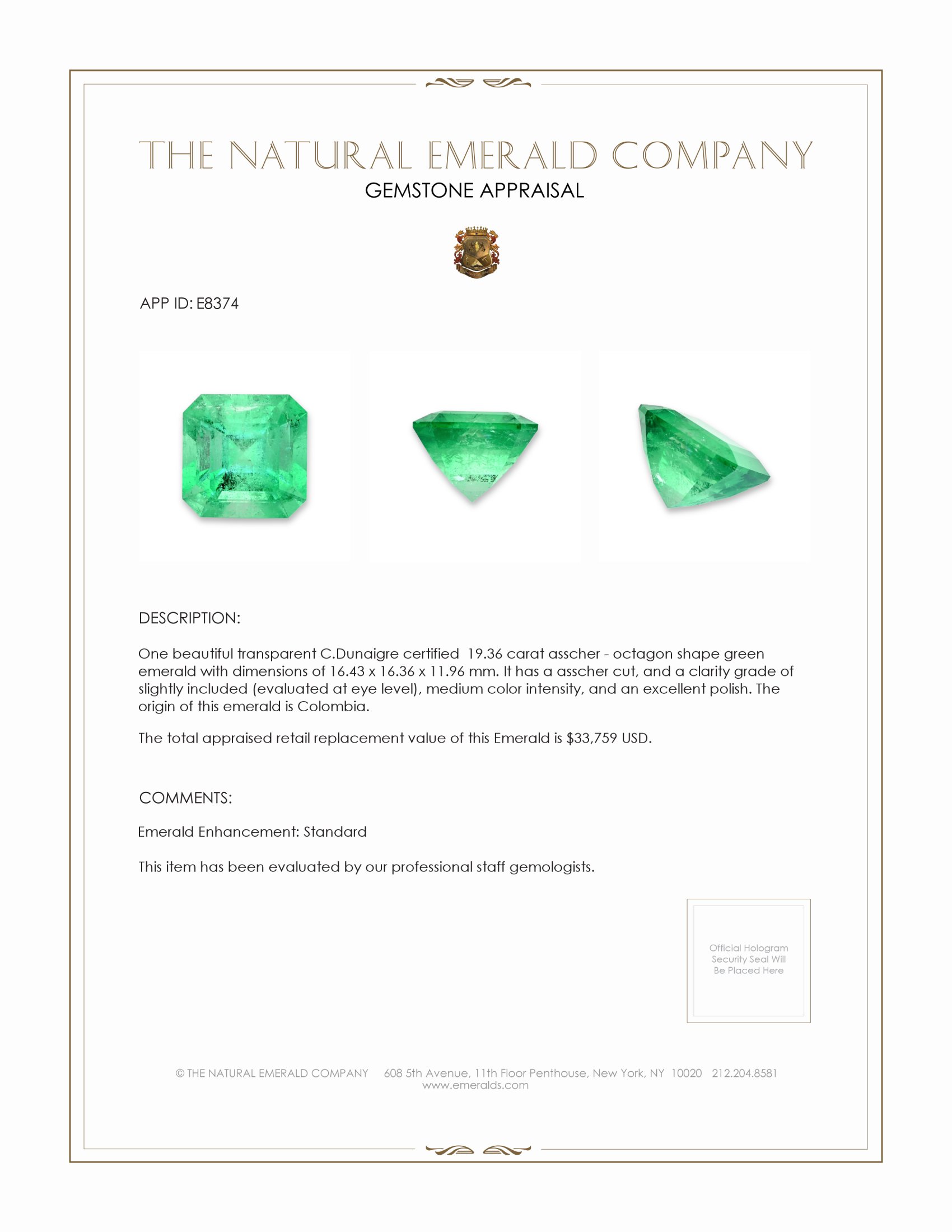 19.36 Ct. Emerald from Colombia