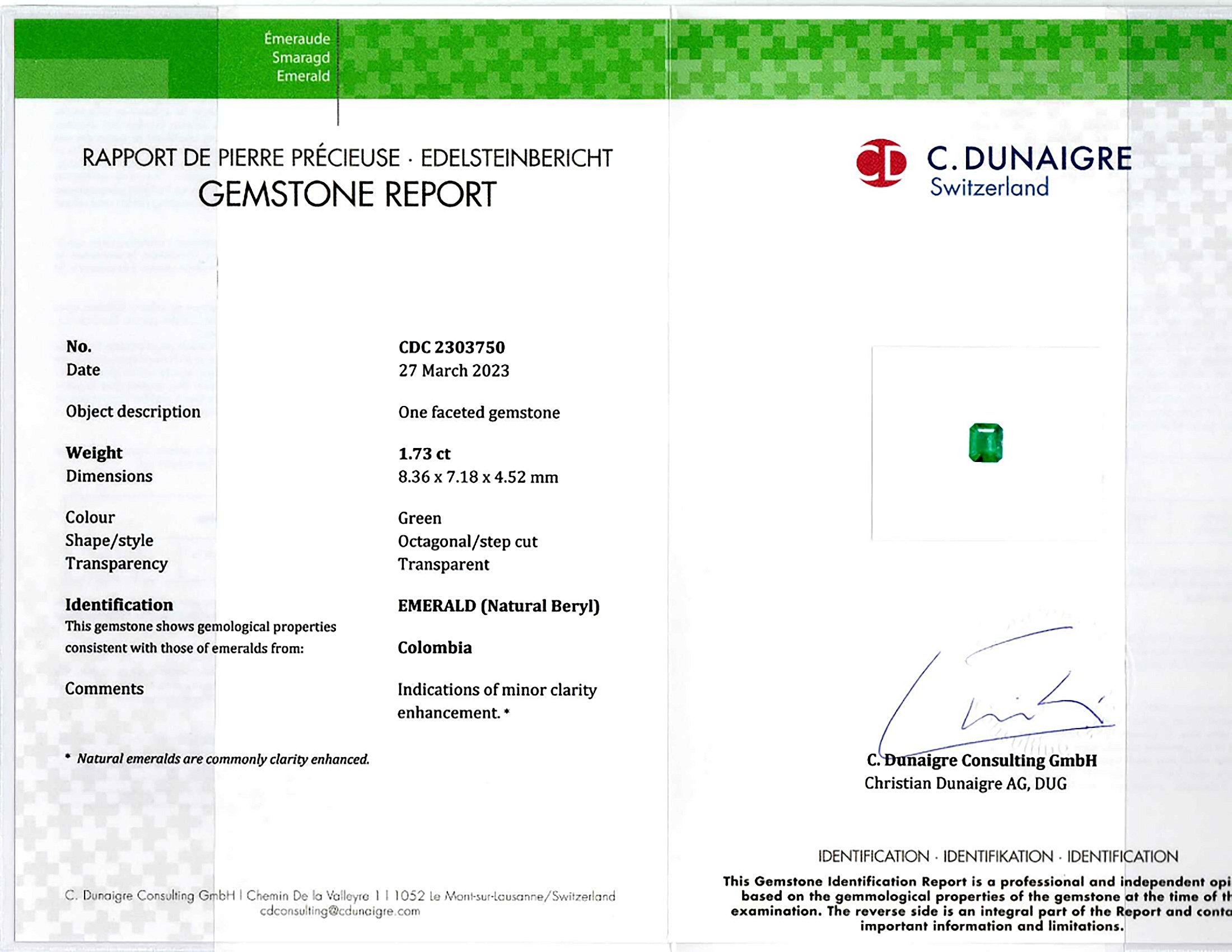1.73 Ct. Emerald from Colombia