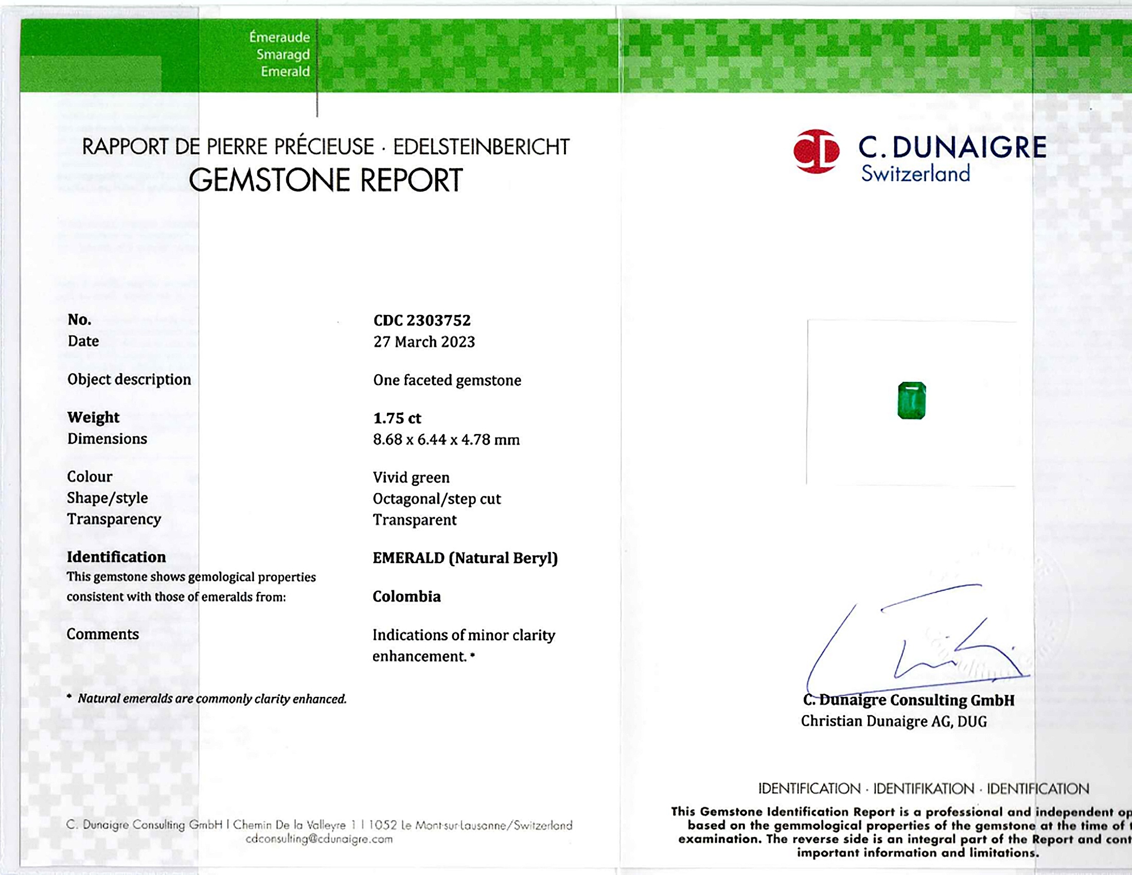 1.75 Ct. Emerald from Colombia