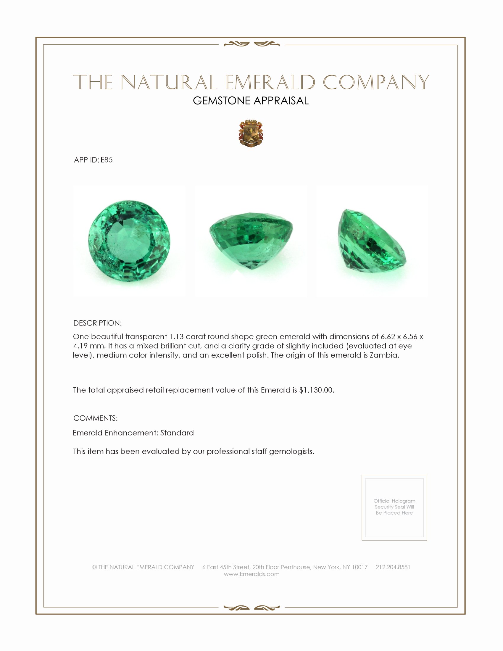 1.13 Ct. Emerald from Zambia