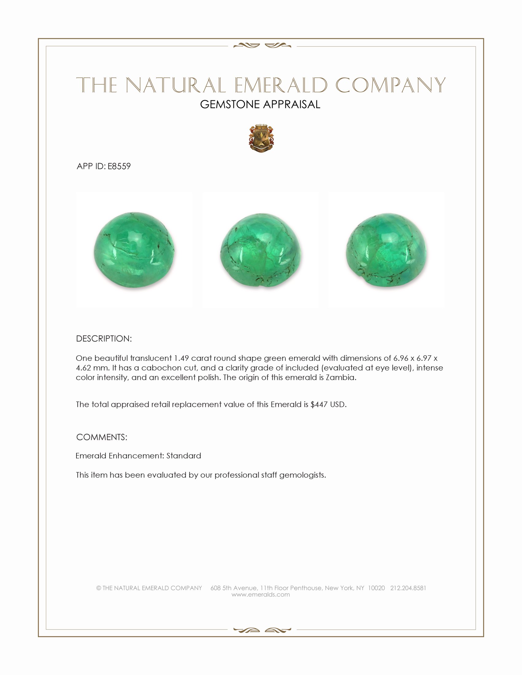 1.49 Ct. Cabochon Emerald from Zambia