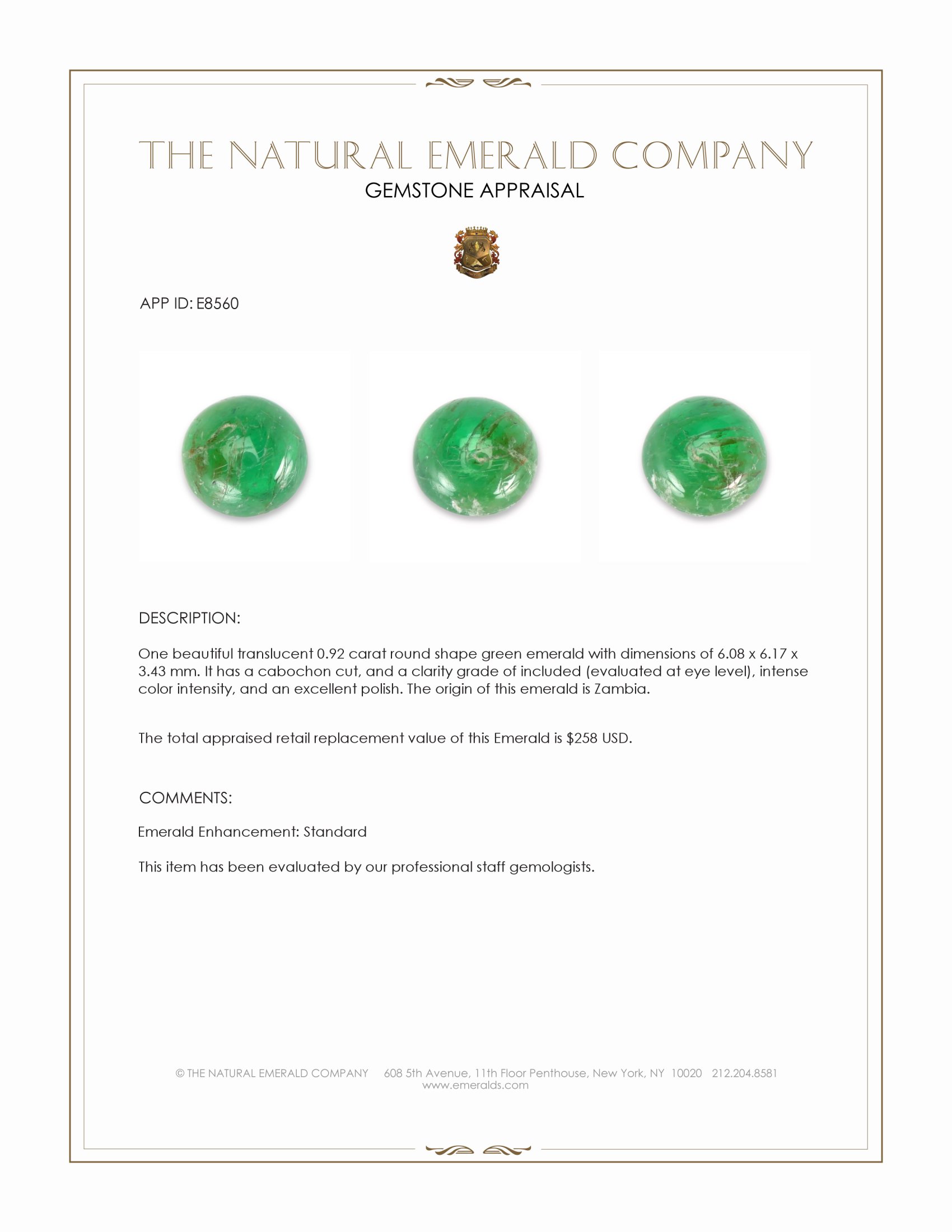 0.92 Ct. Cabochon Emerald from Zambia