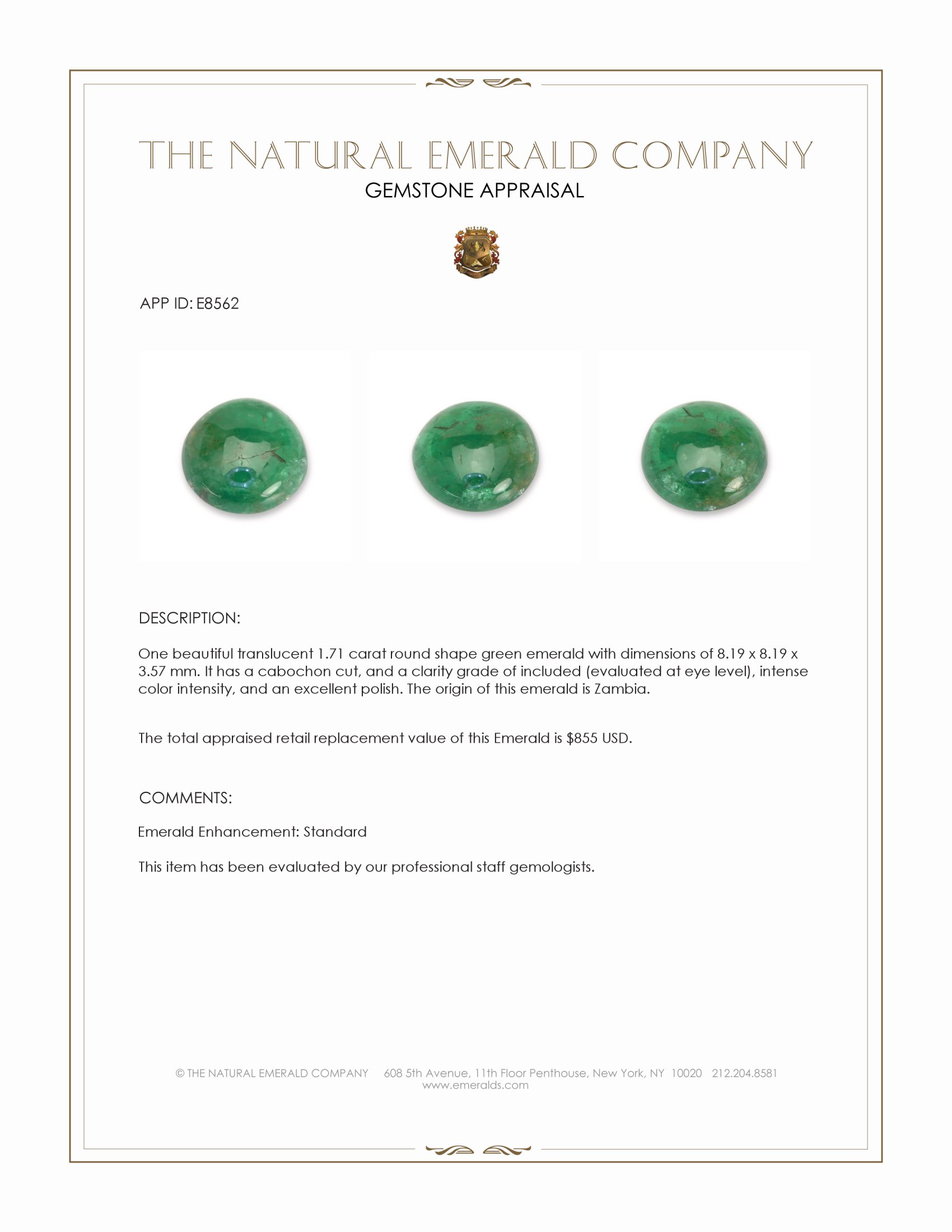 1.71 Ct. Cabochon Emerald from Zambia