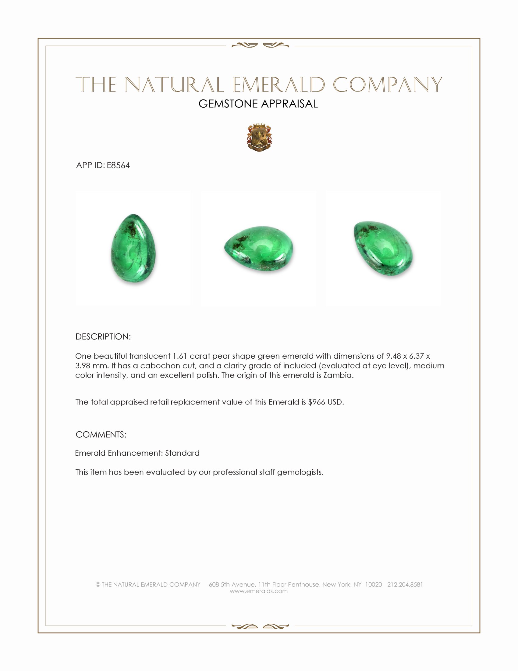 1.61 Ct. Cabochon Emerald from Zambia