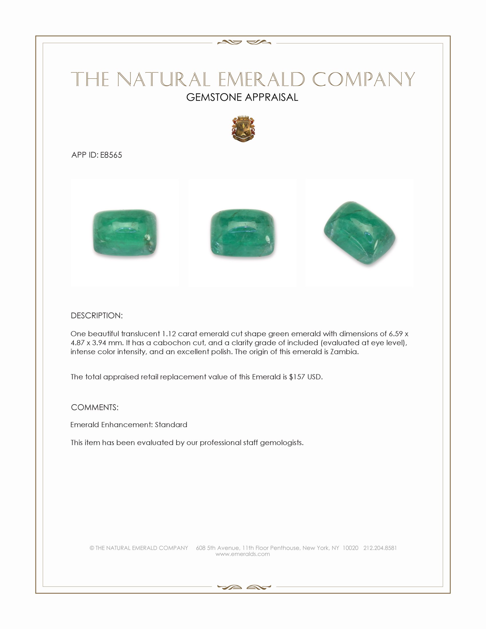 1.12 Ct. Cabochon Emerald from Zambia