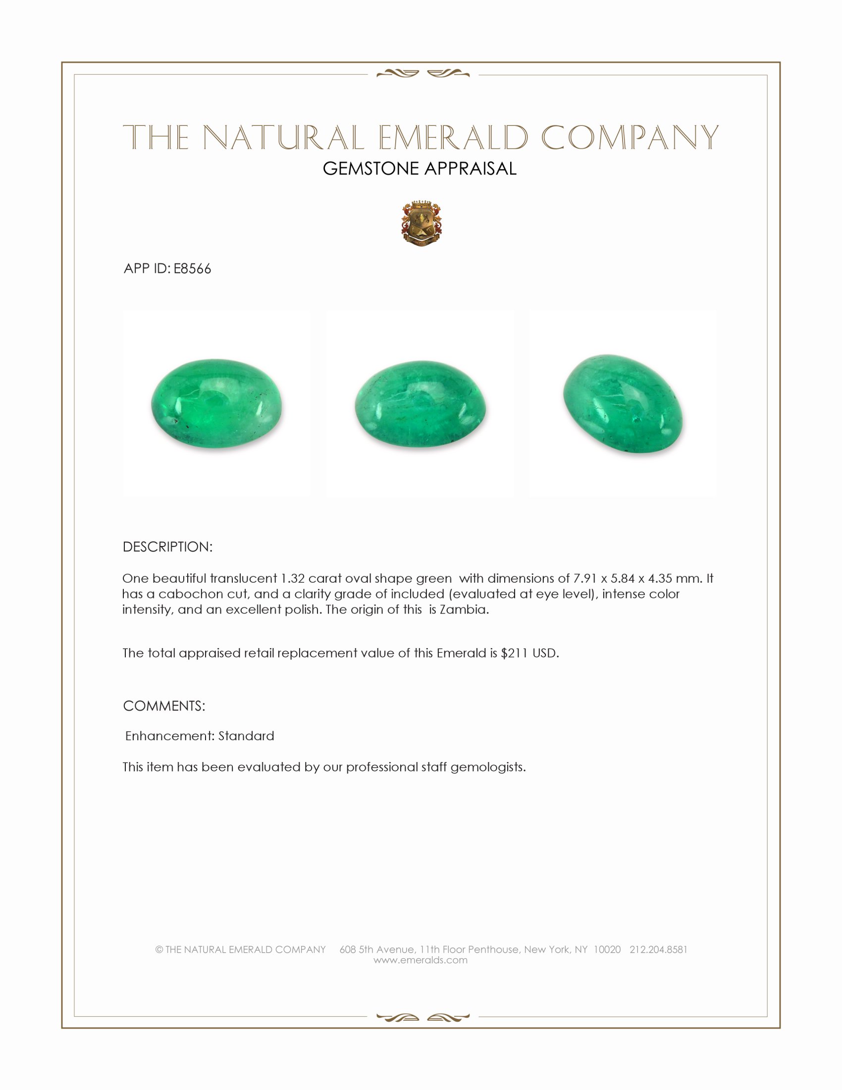1.32 Ct. Cabochon Emerald from Zambia