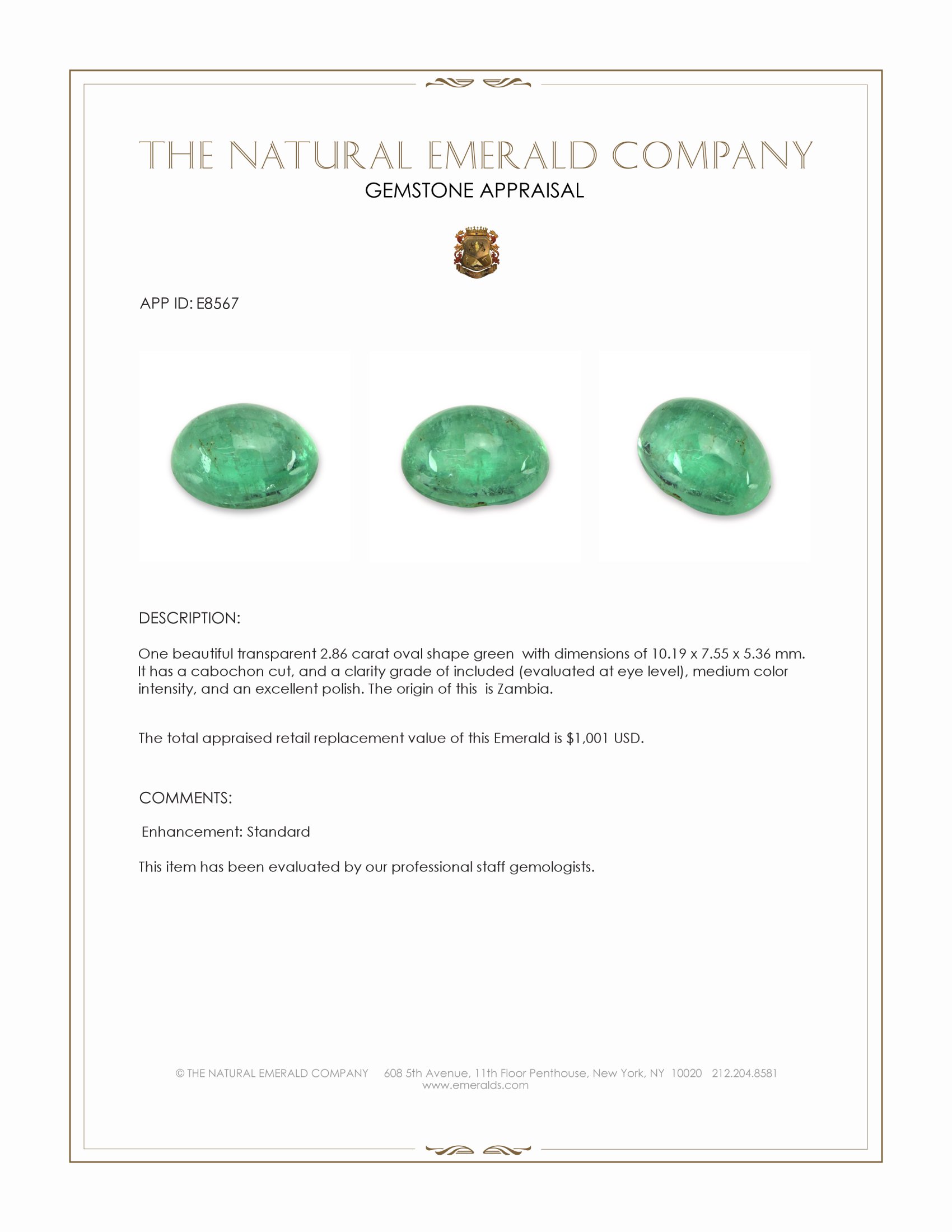 2.86 Ct. Cabochon Emerald from Zambia
