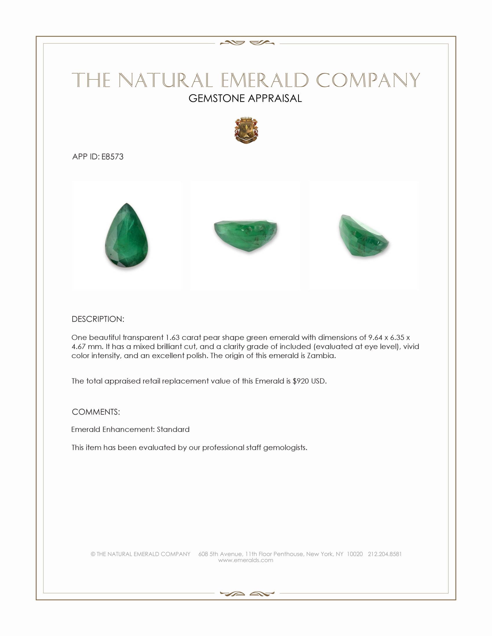 1.63 Ct. Emerald from Zambia