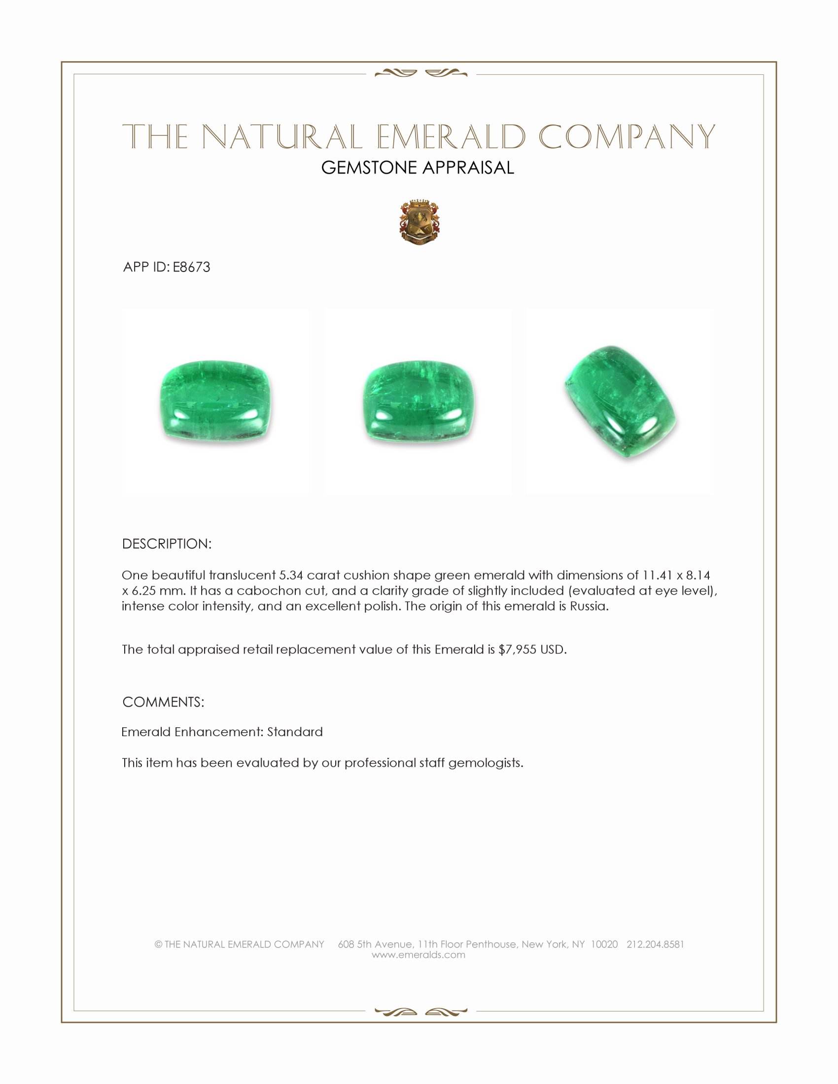 5.34 Ct. Cabochon Emerald from Russia