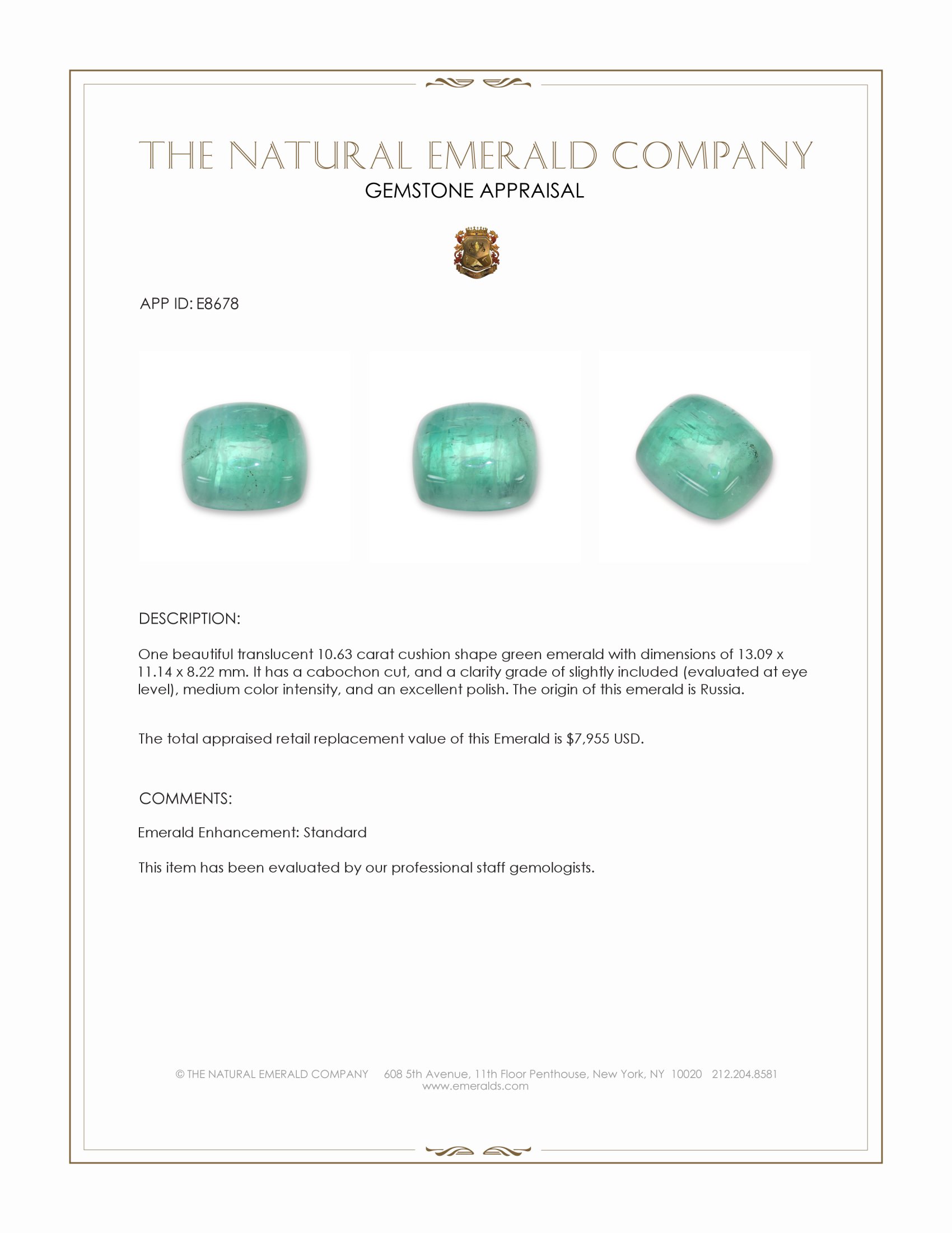 10.63 Ct. Cabochon Emerald from Russia