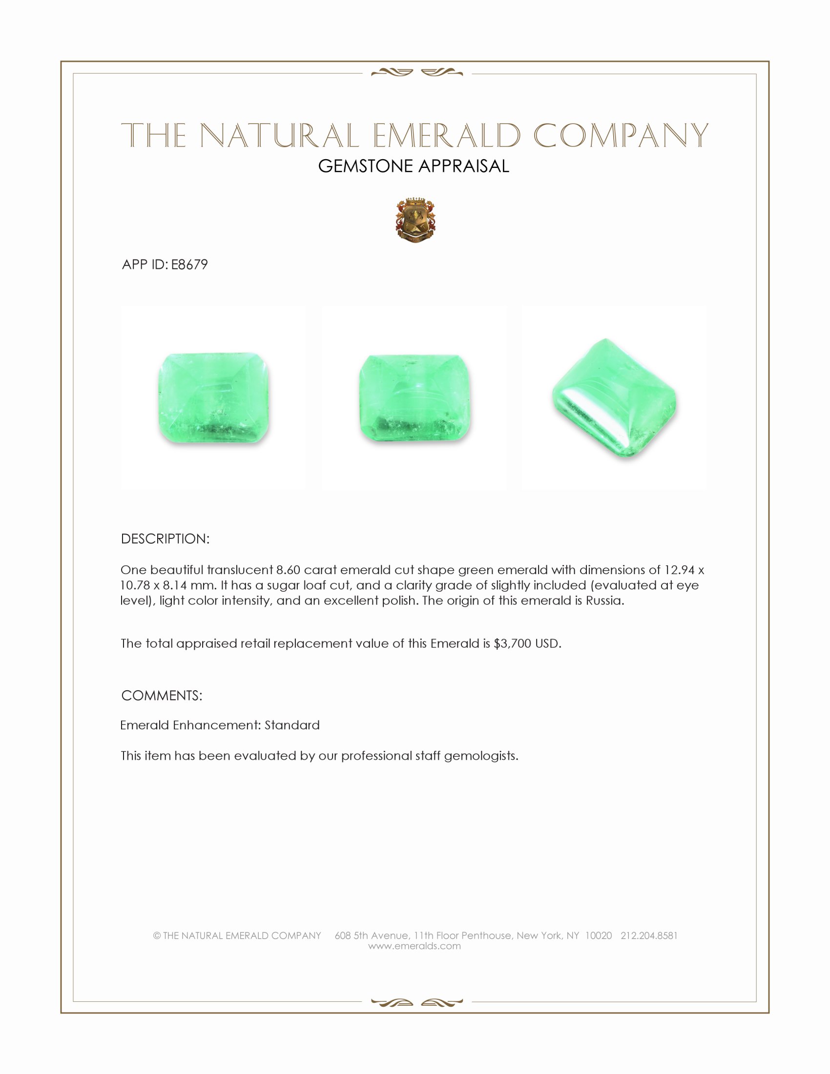 8.60 Ct. Cabochon Emerald from Russia
