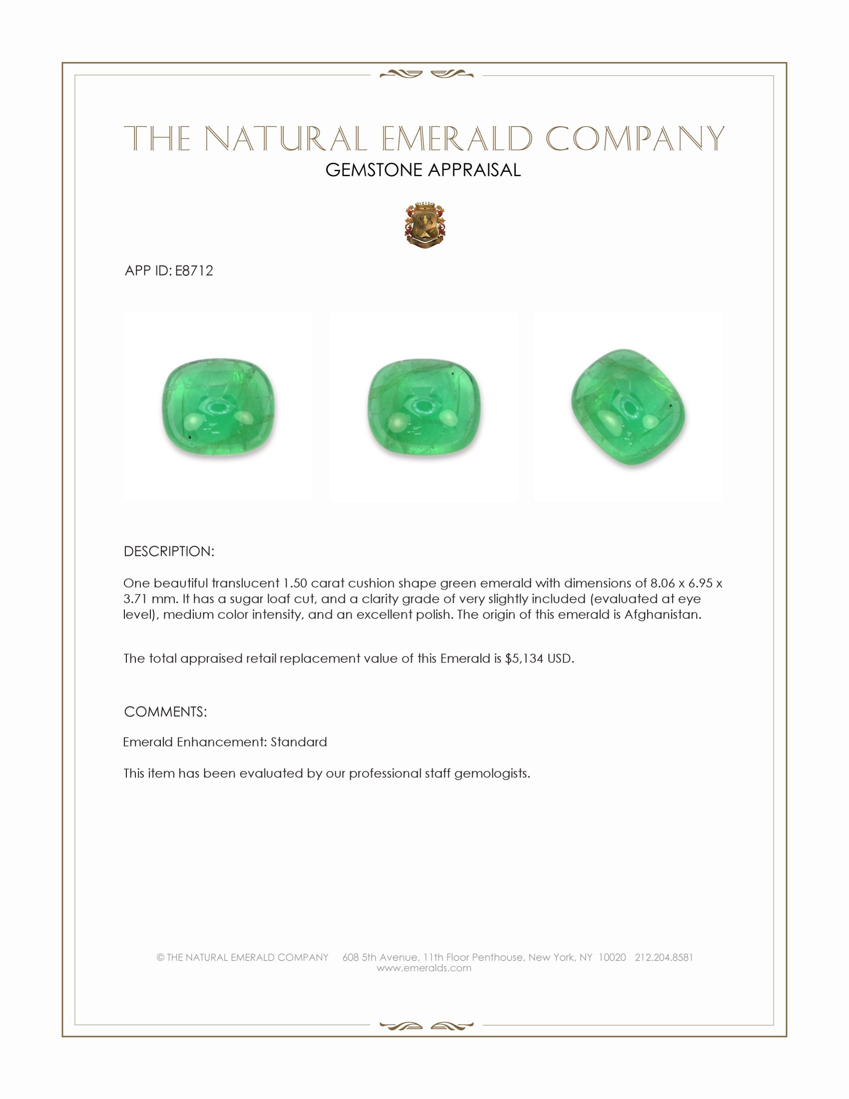 1.50 Ct. Cabochon Emerald from Afghanistan