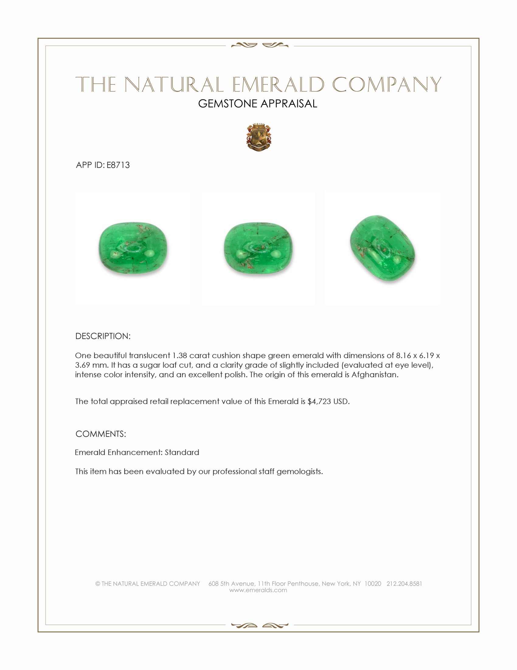 1.38 Ct. Cabochon Emerald from Afghanistan