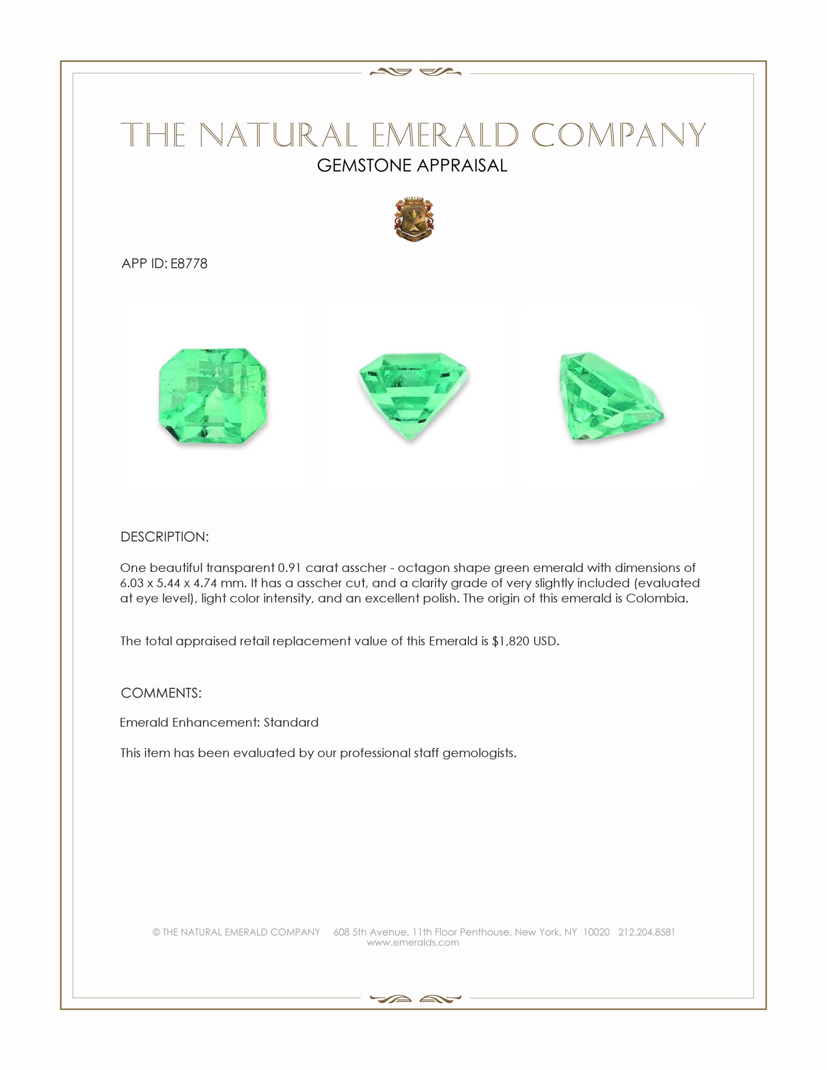 0.91 Ct. Emerald from Colombia