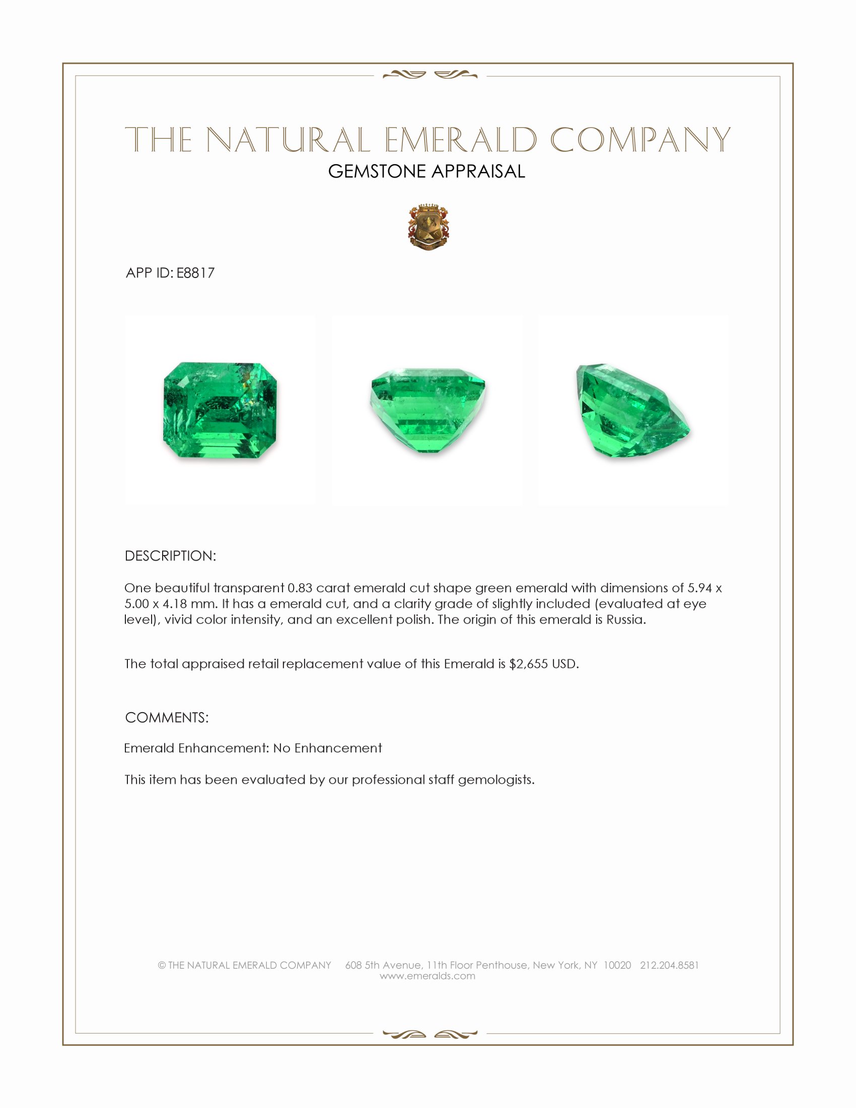 0.83 Ct. Emerald from Russia