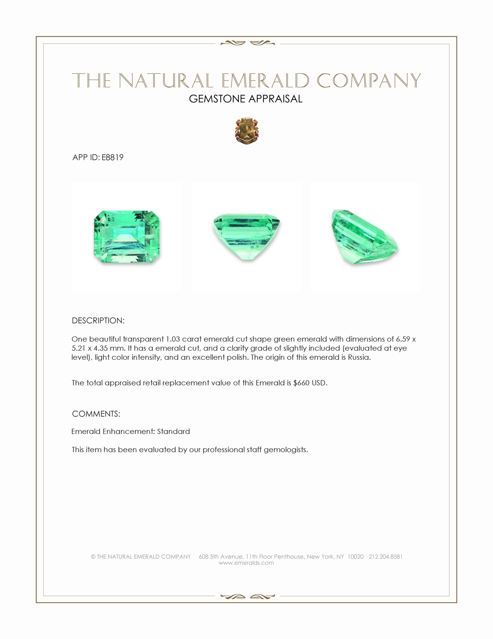 1.03 Ct. Emerald from Russia