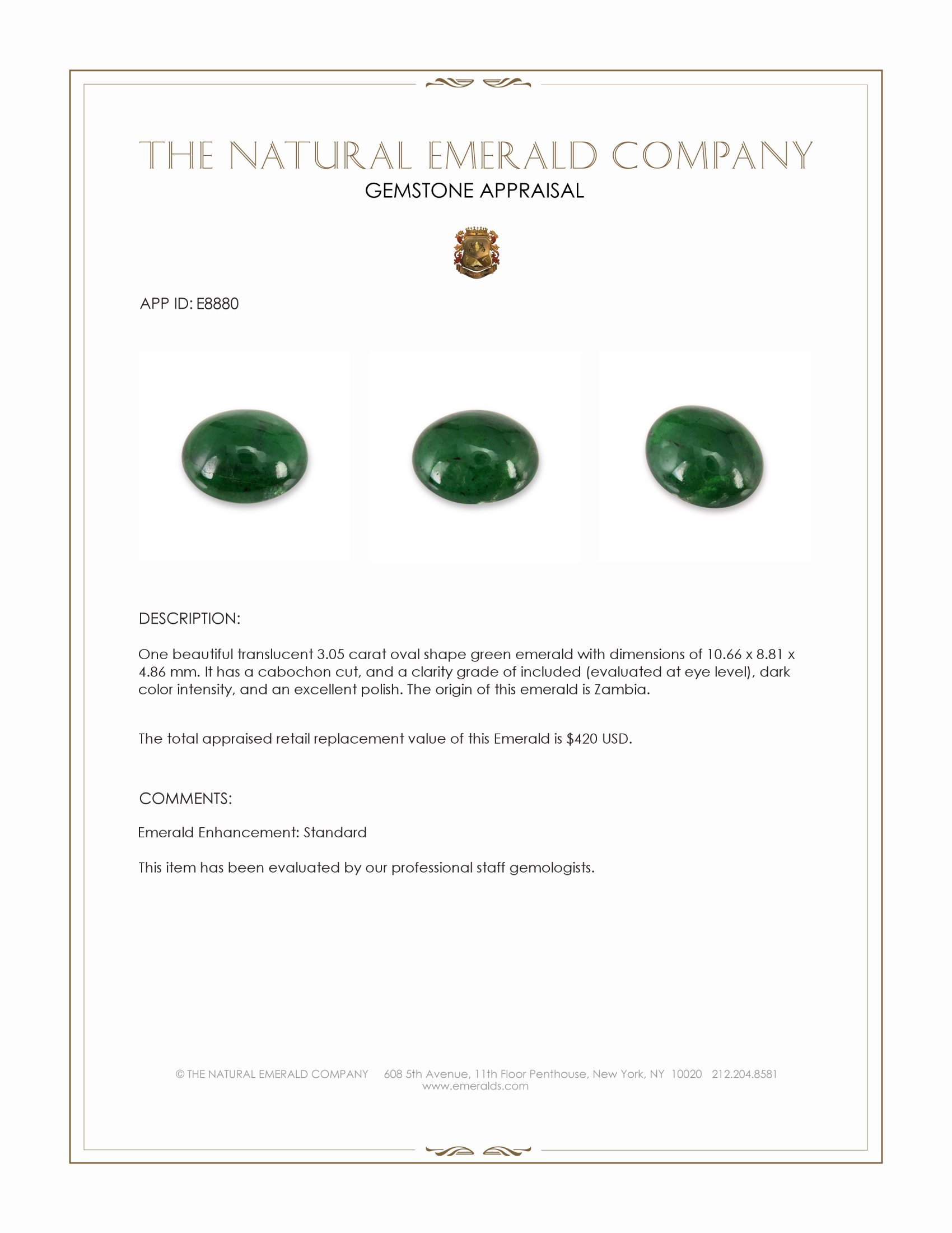 3.05 Ct. Cabochon Emerald from Zambia