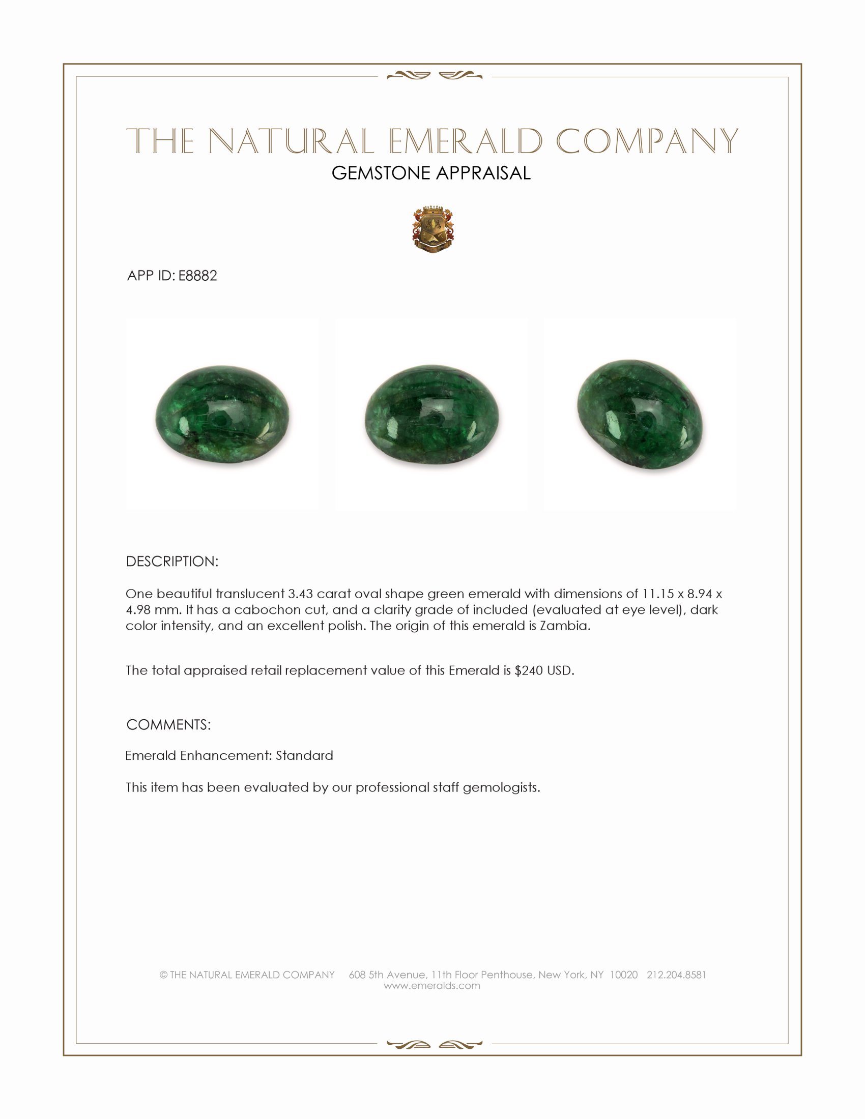 3.43 Ct. Cabochon Emerald from Zambia