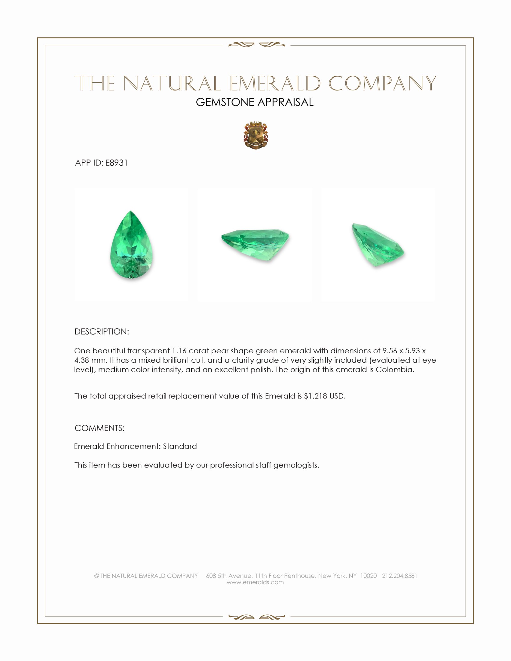 1.16 Ct. Emerald from Colombia