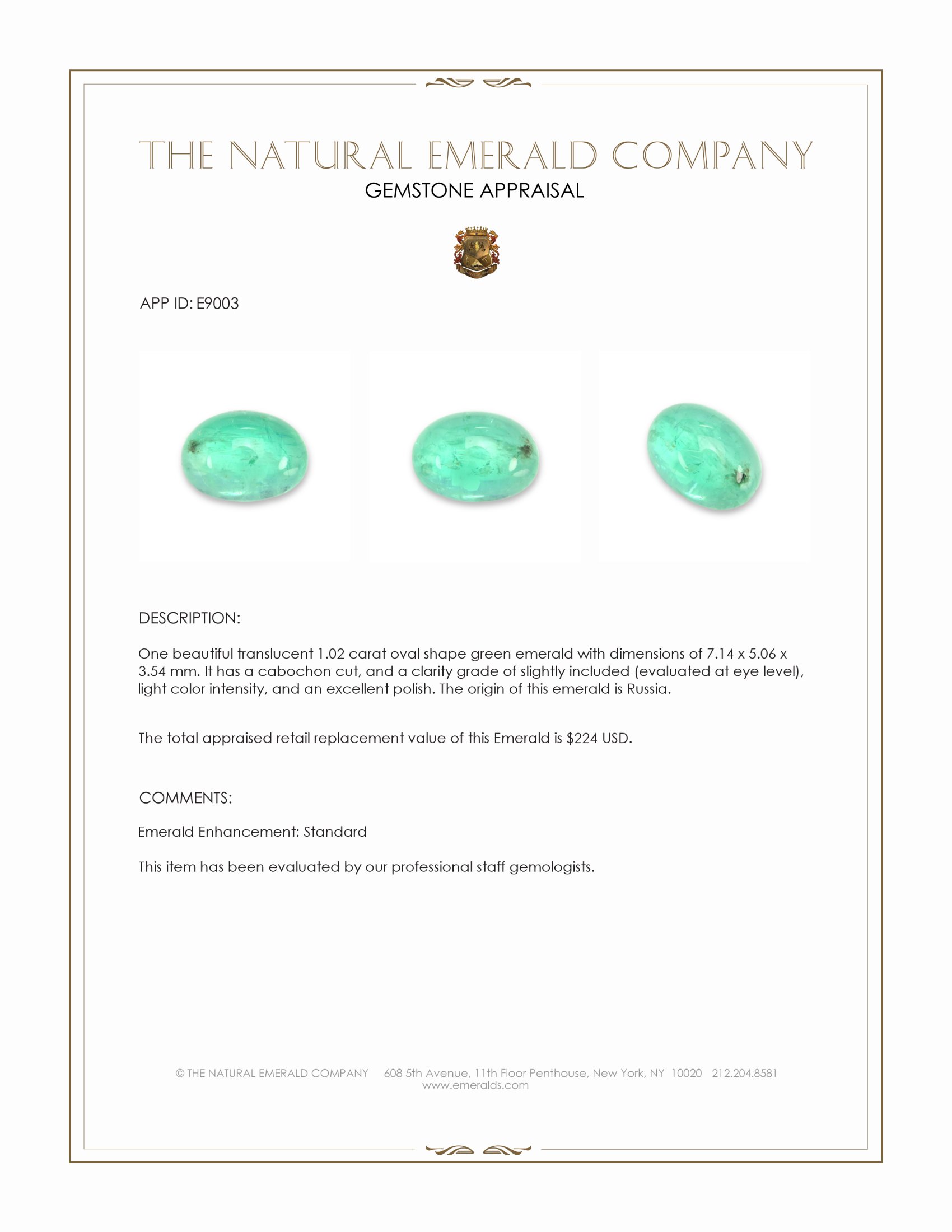 1.02 Ct. Cabochon Emerald from Russia