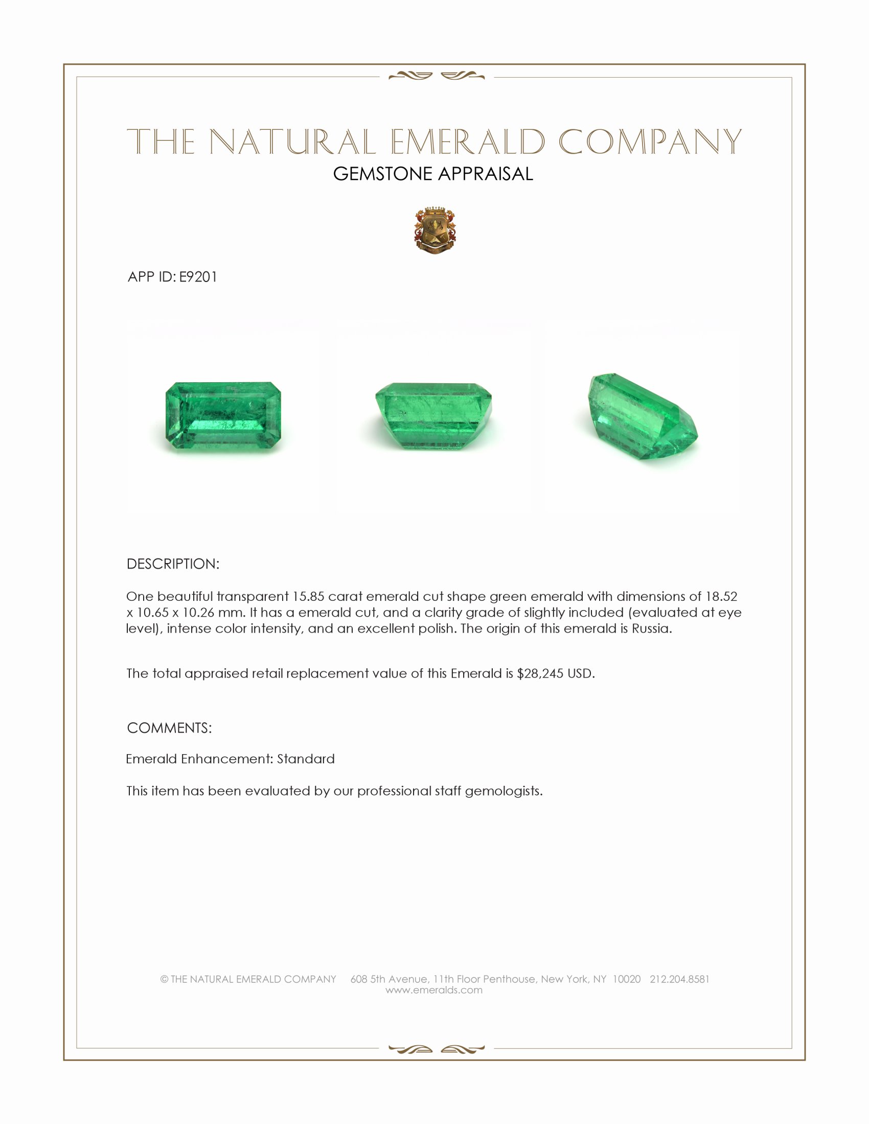 15.85 Ct. Emerald from Russia