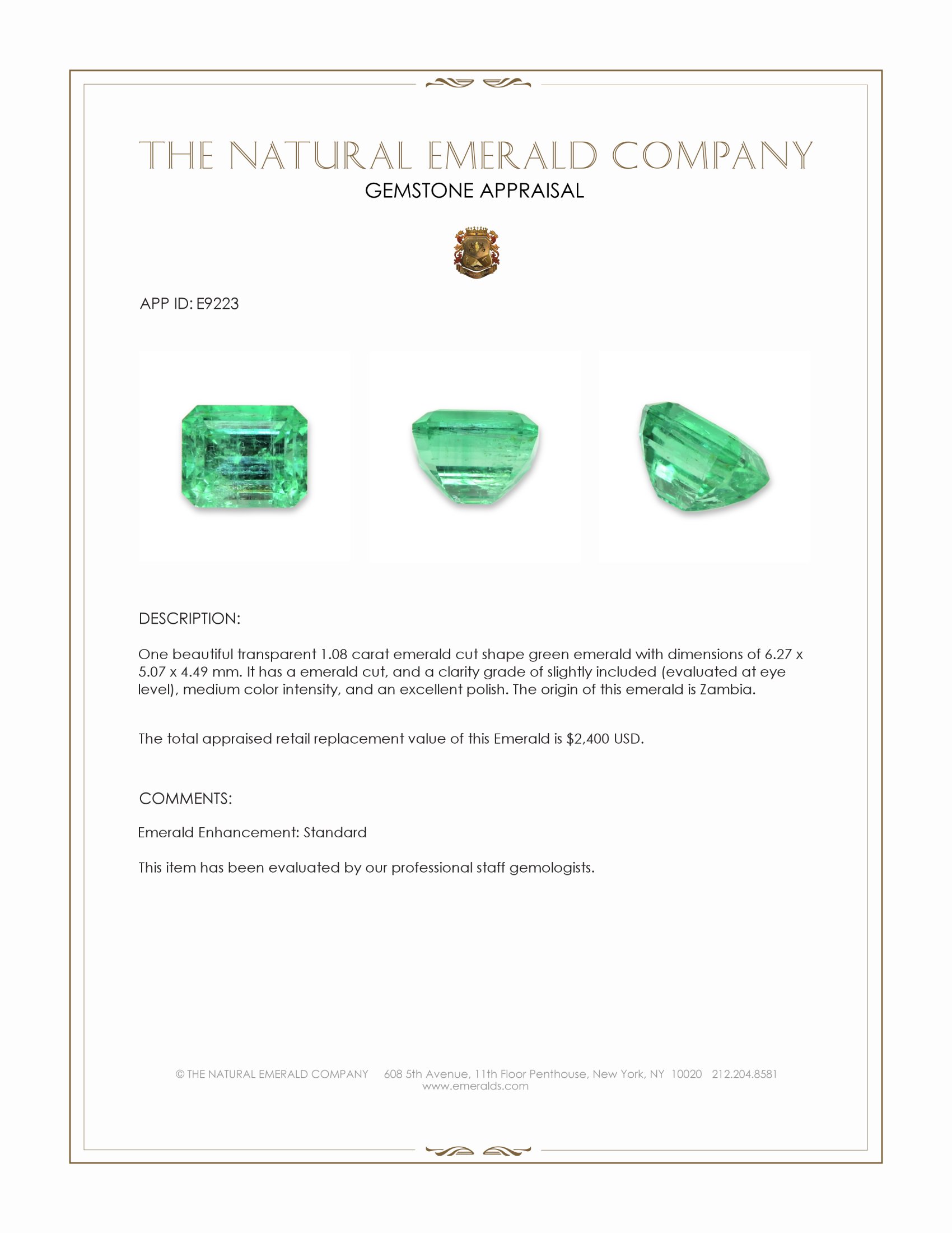 1.08 Ct. Emerald from Zambia