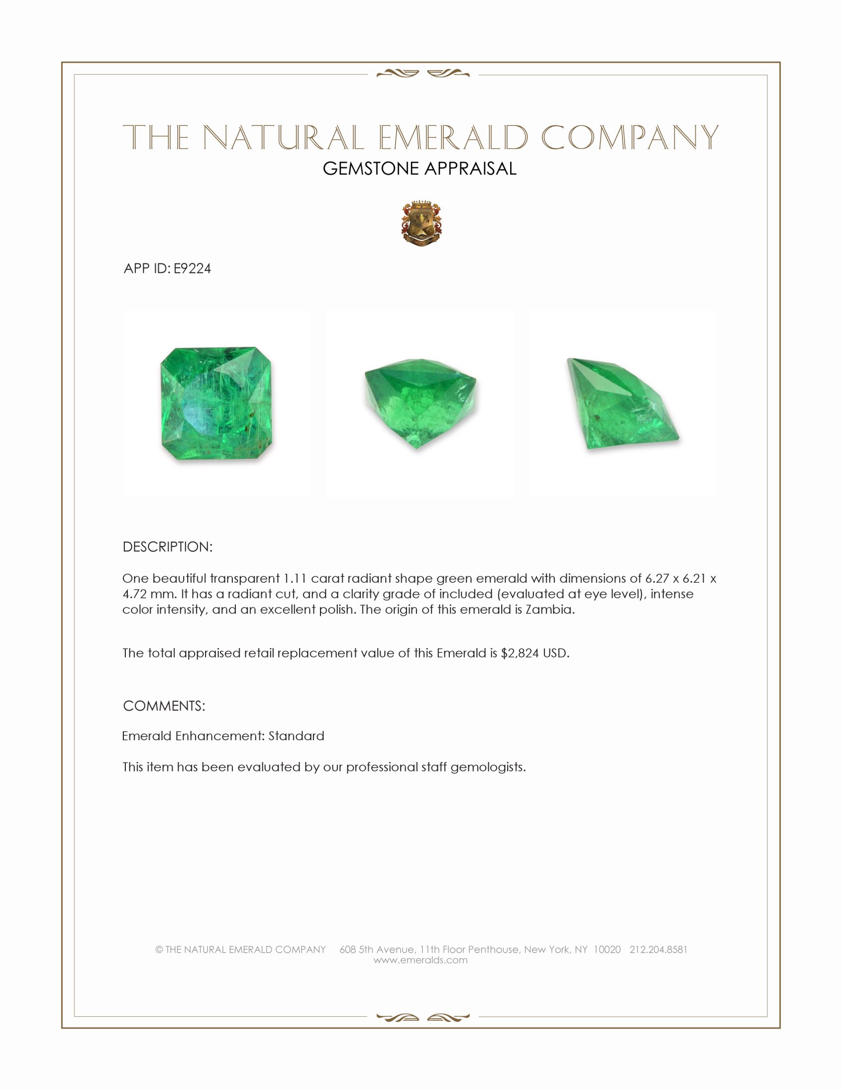 1.11 Ct. Emerald from Zambia