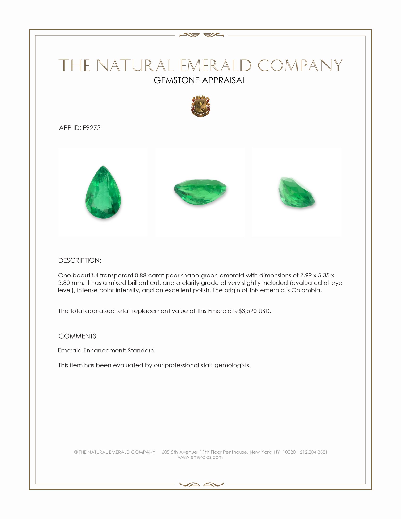 0.88 Ct. Emerald from Colombia