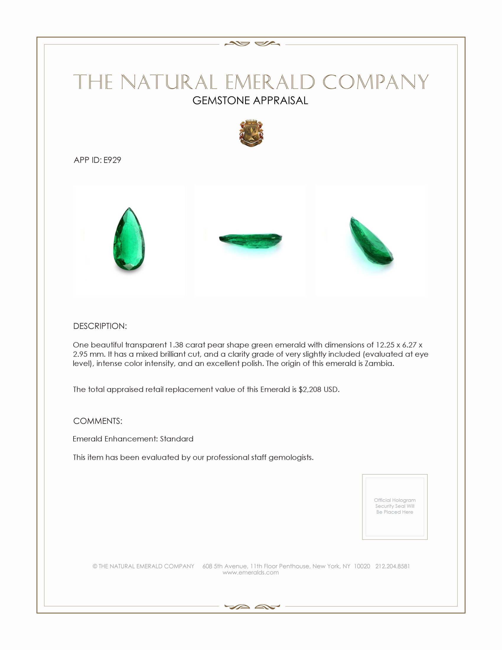 1.38 Ct. Emerald from Zambia