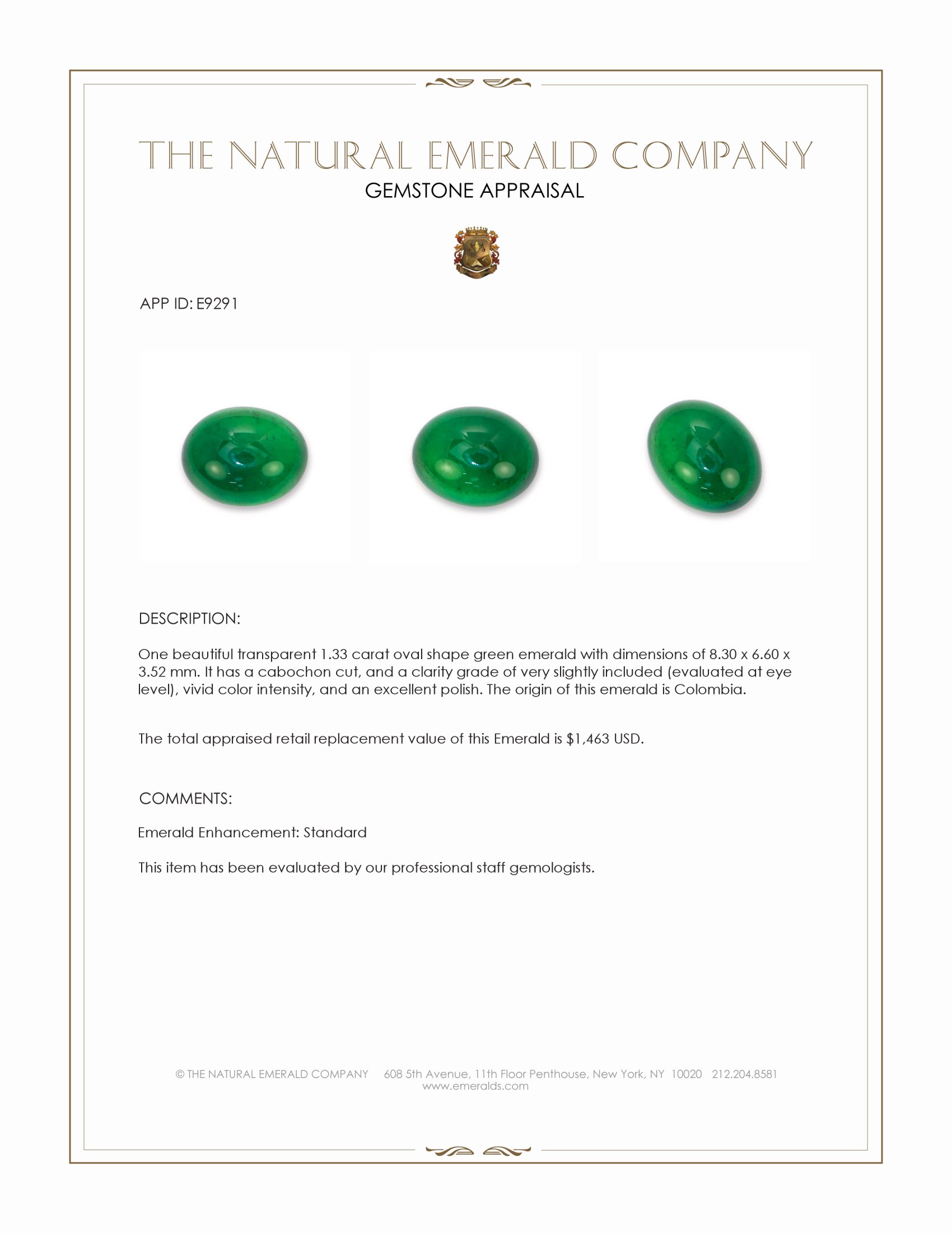 1.33 Ct. Cabochon Emerald from Colombia