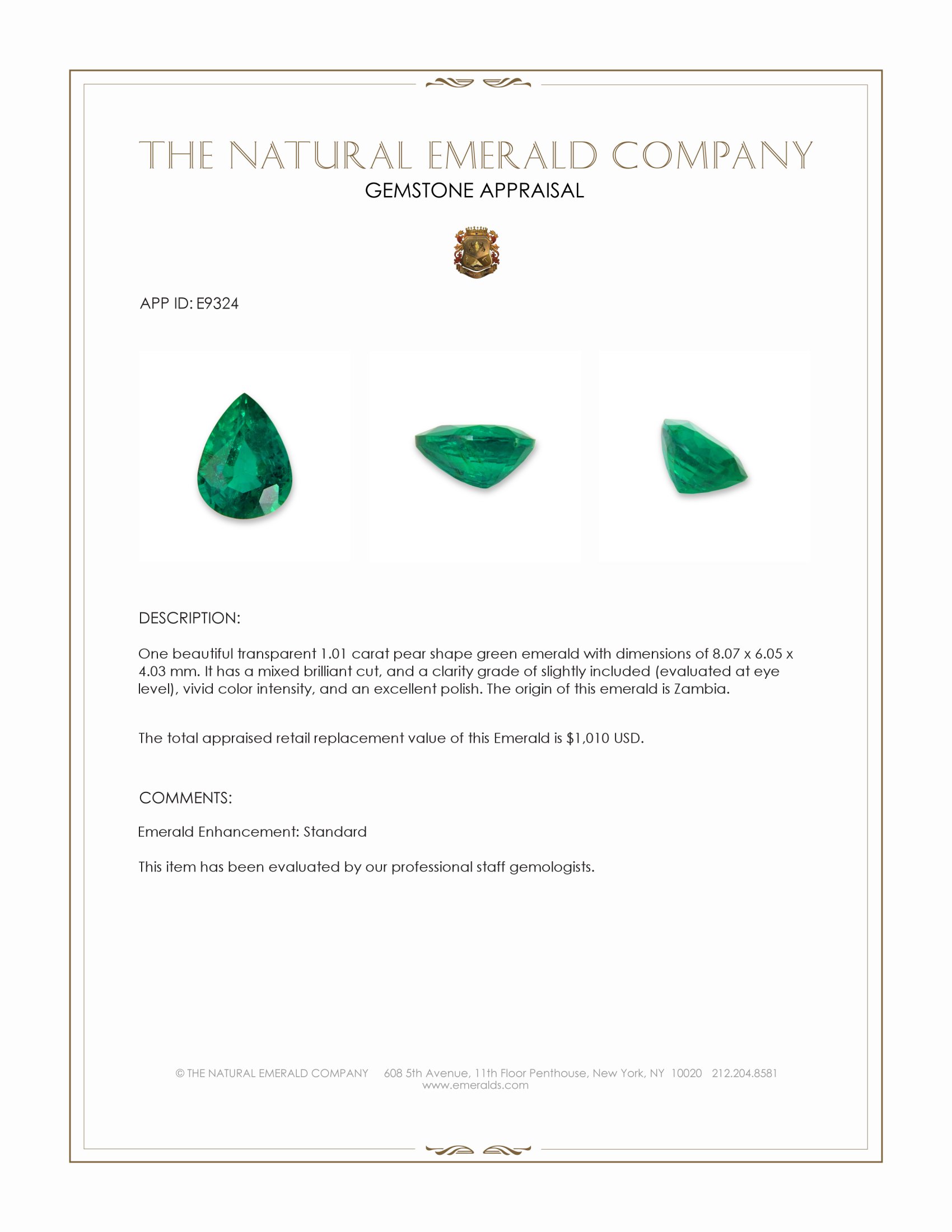 1.01 Ct. Emerald from Zambia