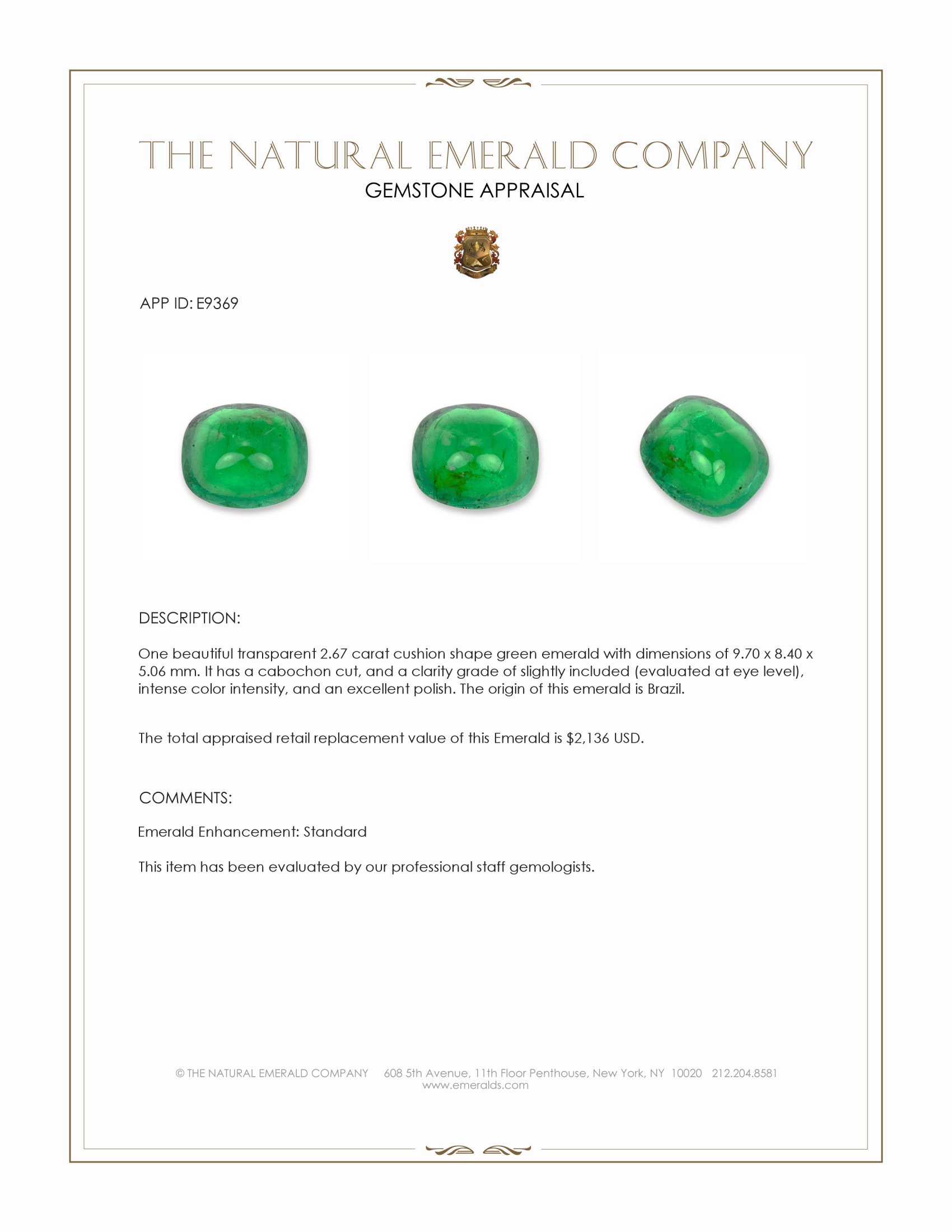 2.67 Ct. Cabochon Emerald from Brazil