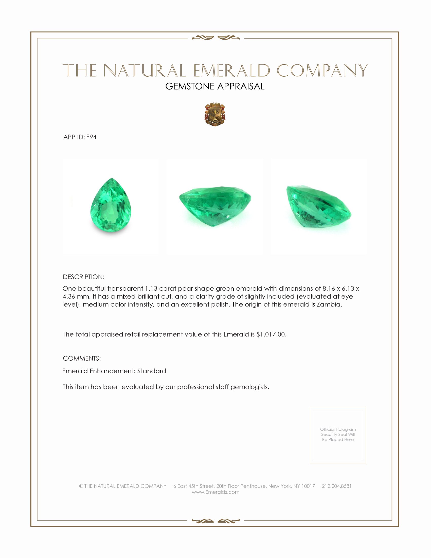 1.13 Ct. Emerald from Zambia