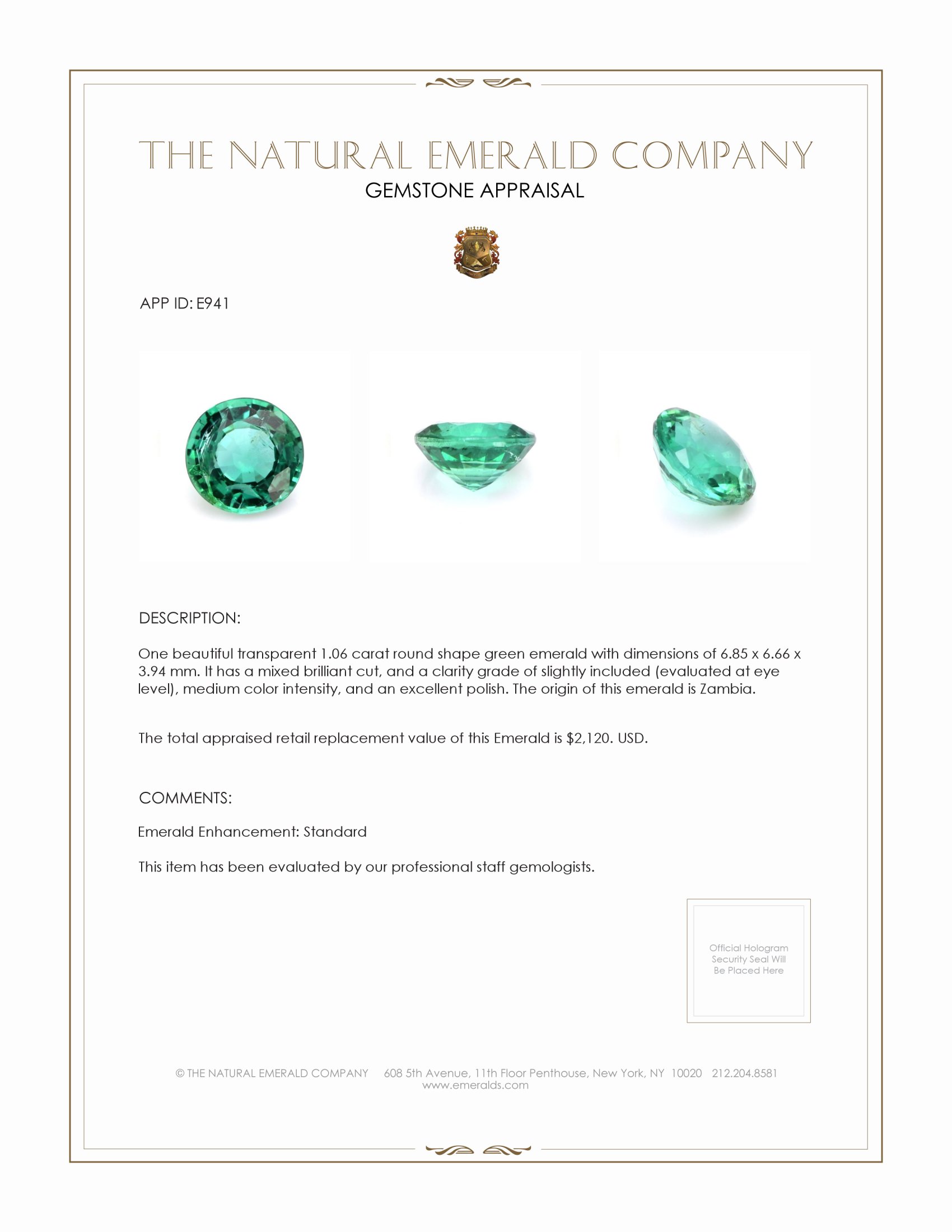 1.06 Ct. Emerald from Zambia
