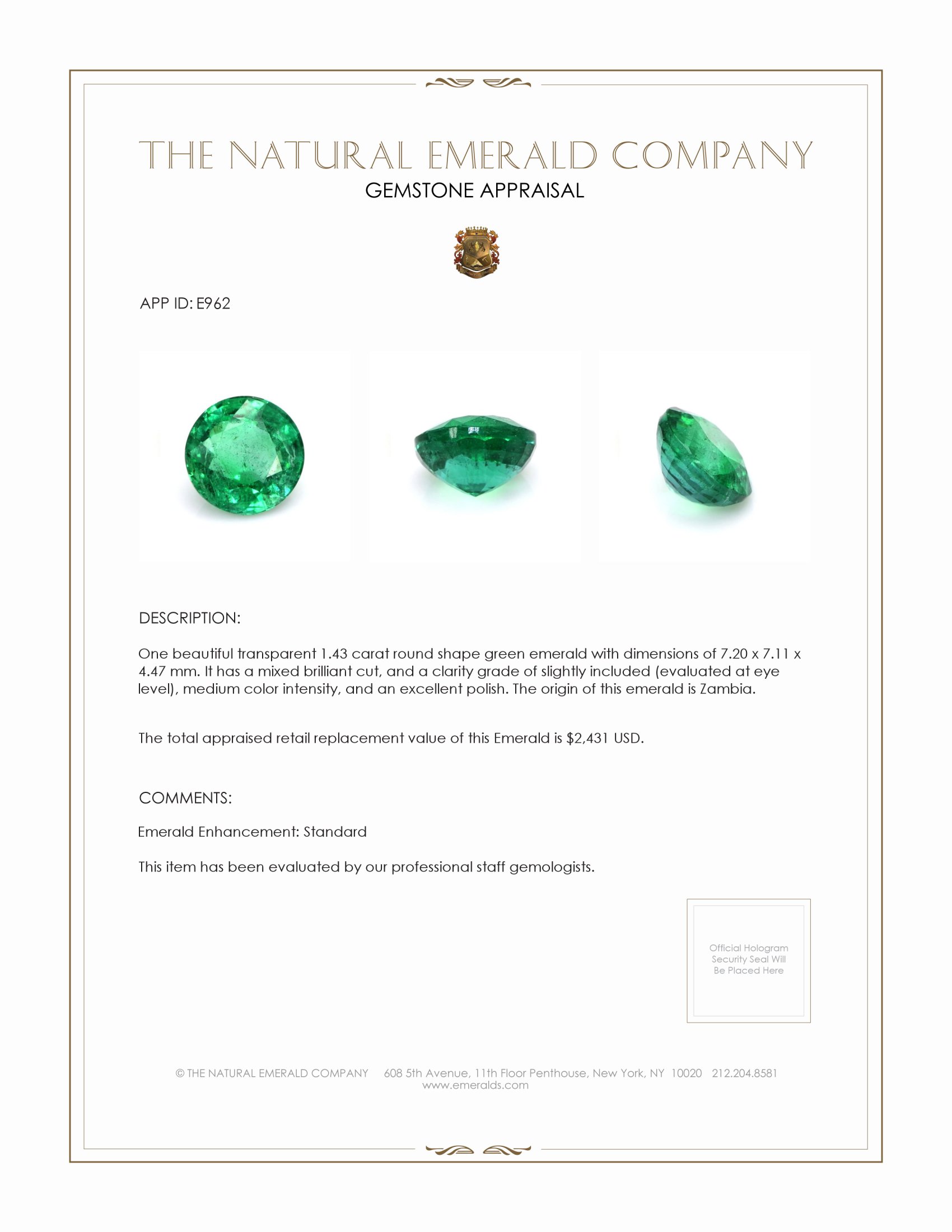 1.43 Ct. Emerald from Zambia