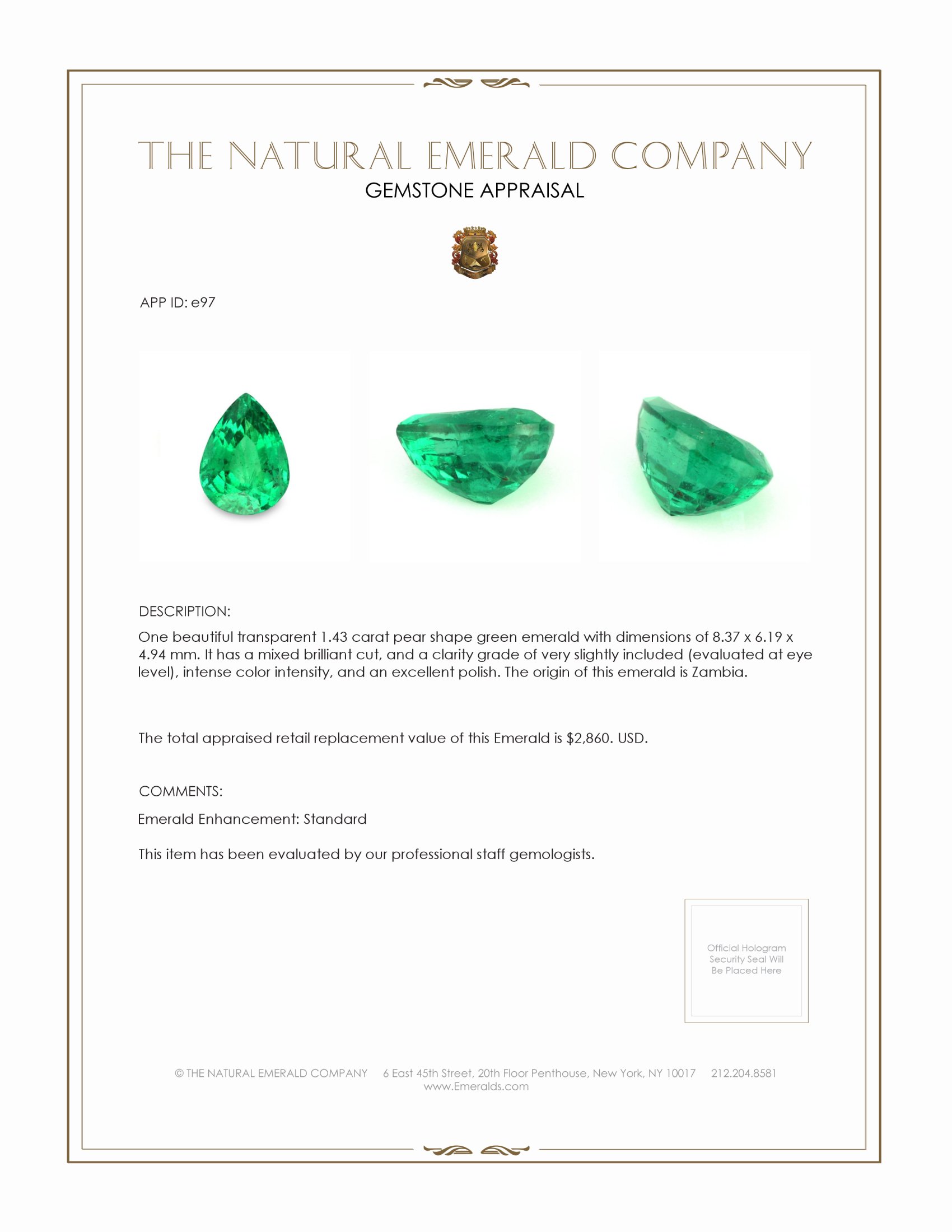 1.43 Ct. Emerald from Zambia