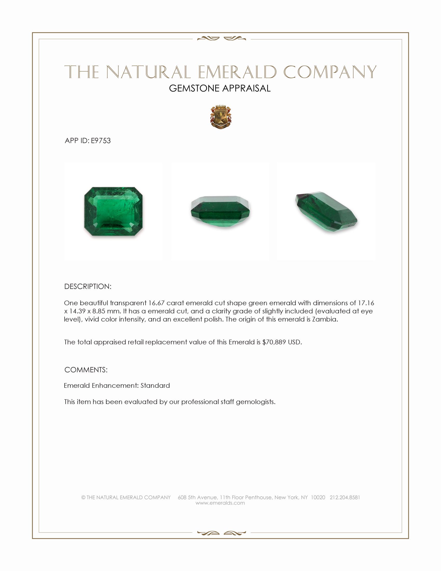 16.43 Ct. Emerald from Zambia