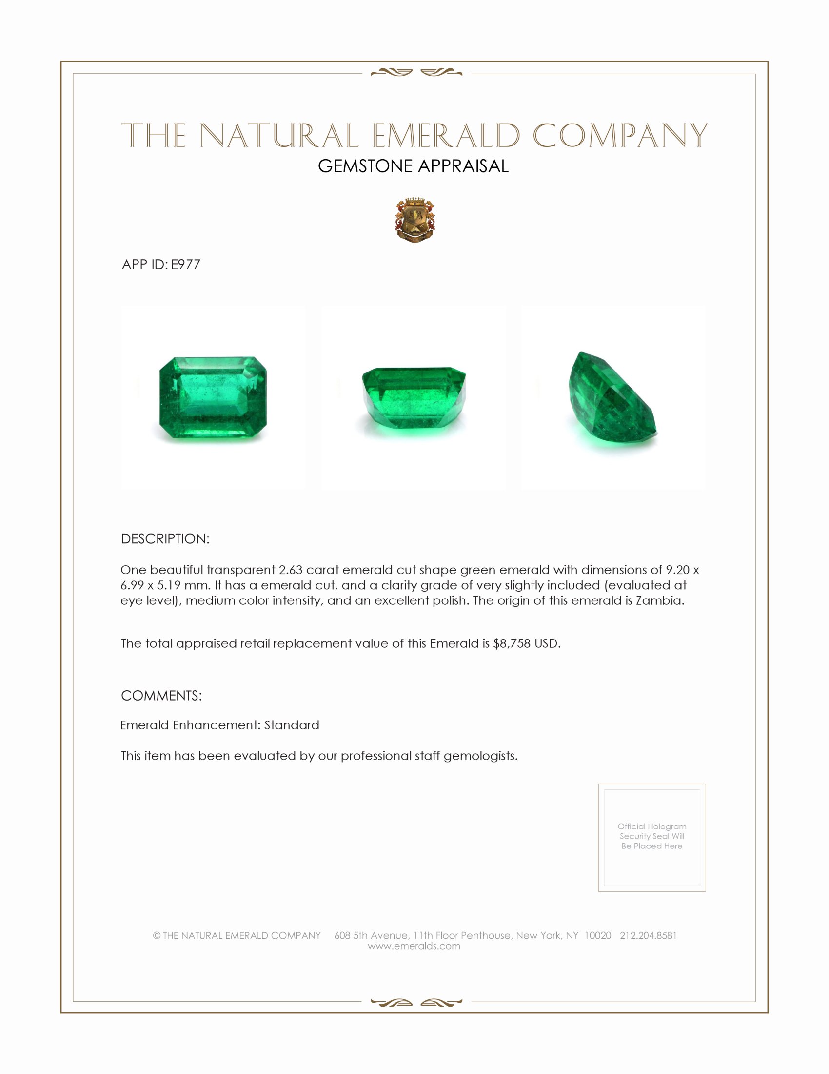 2.63 Ct. Emerald from Zambia