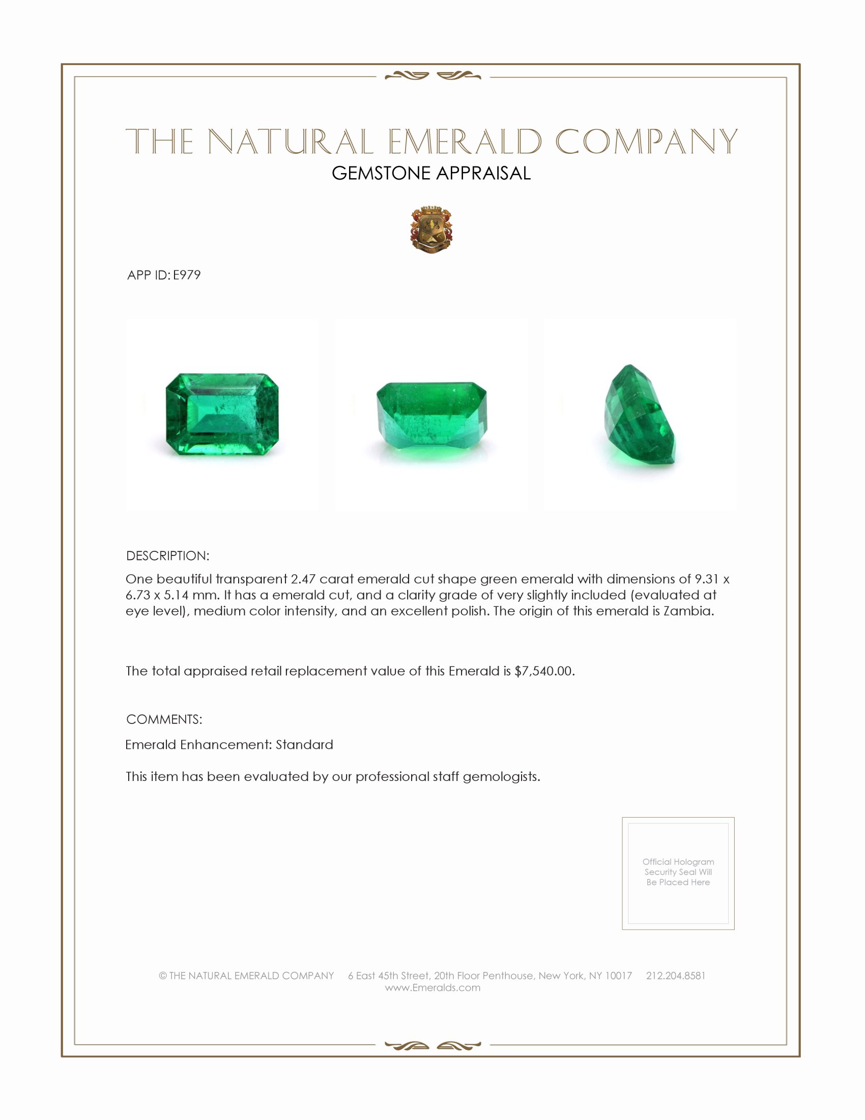 2.47 Ct. Emerald from Zambia