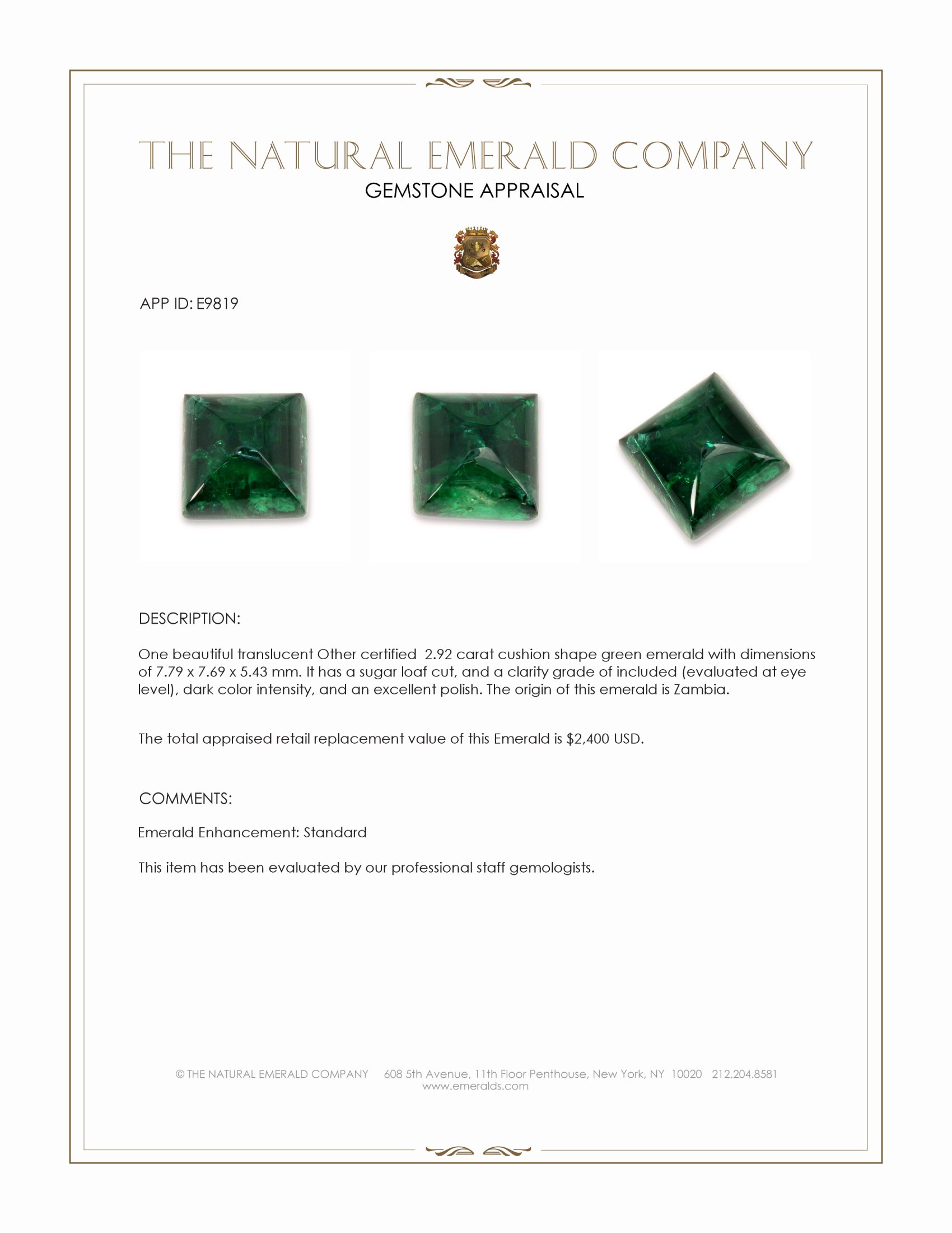 2.92 Ct. Cabochon Emerald from Zambia