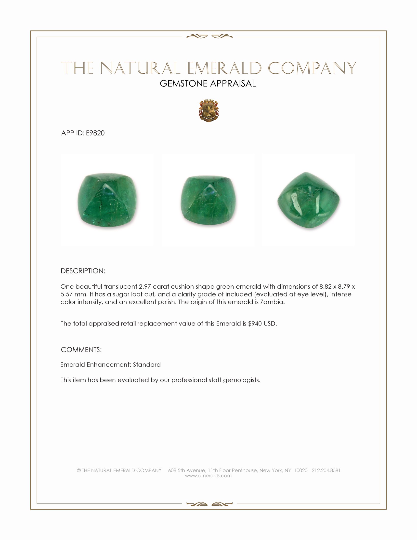 2.97 Ct. Cabochon Emerald from Zambia