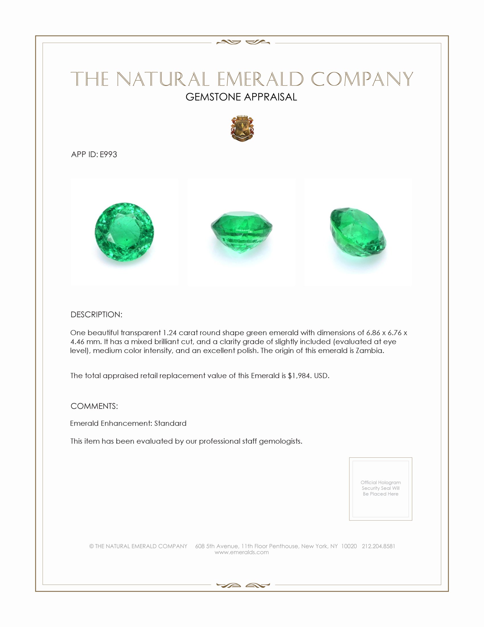 1.24 Ct. Emerald from Zambia
