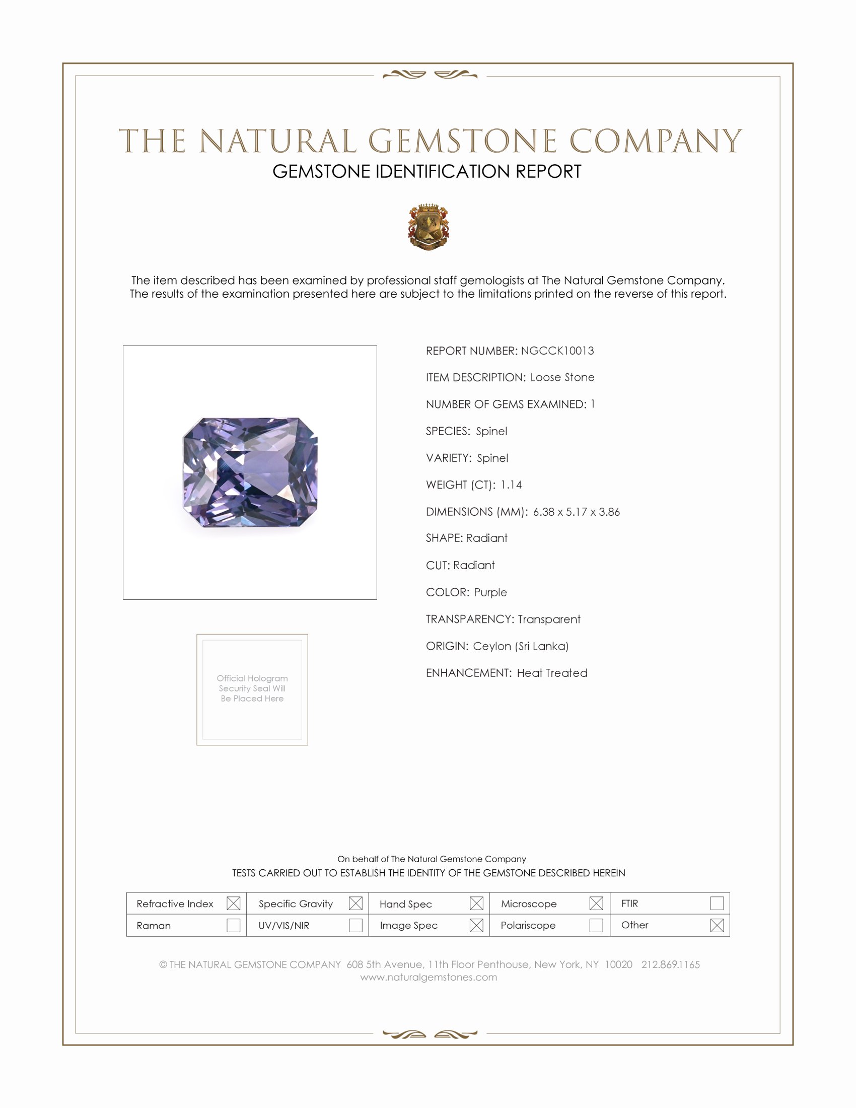 1.14 Ct. Purple Spinel from Ceylon (Sri Lanka)