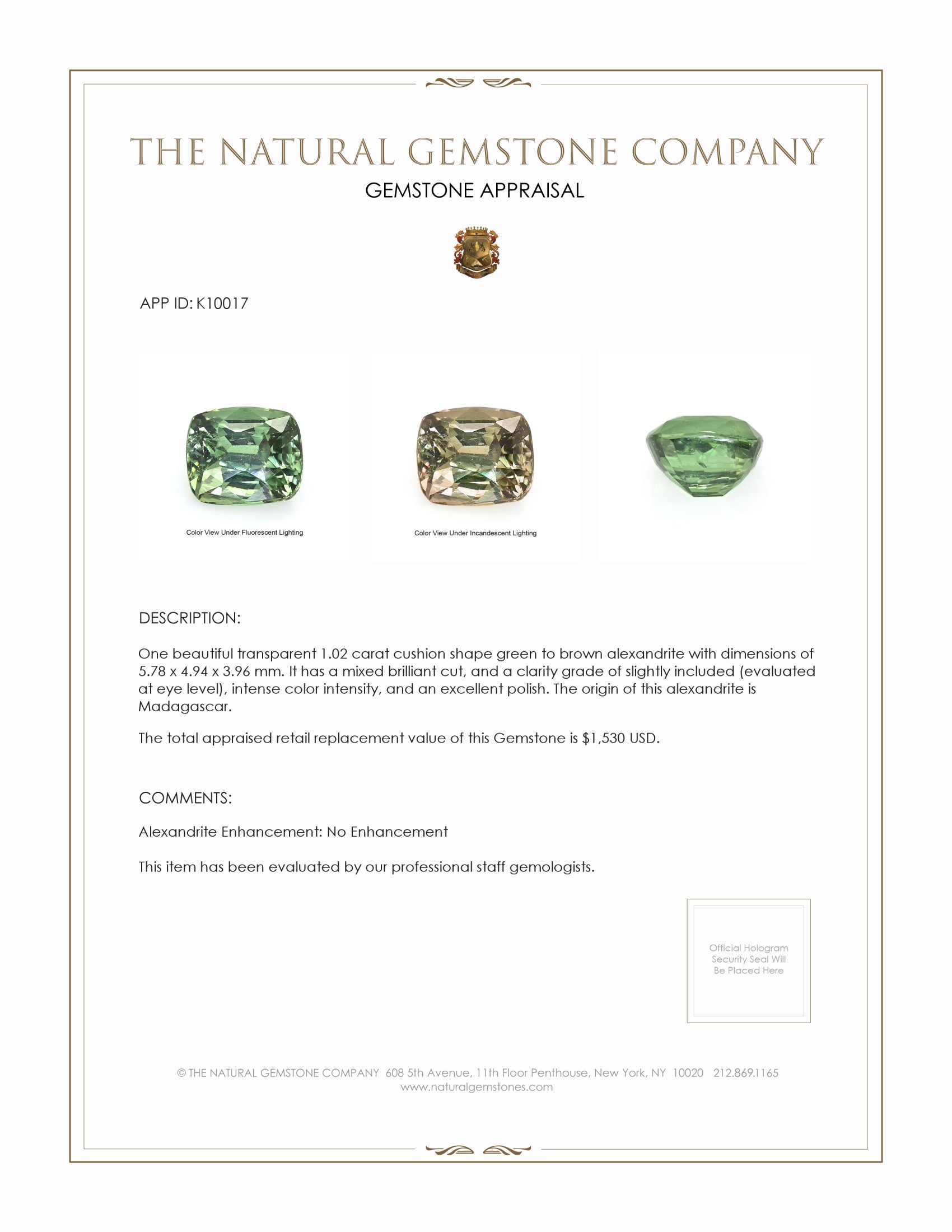 1.02 Ct. Alexandrite from Madagascar