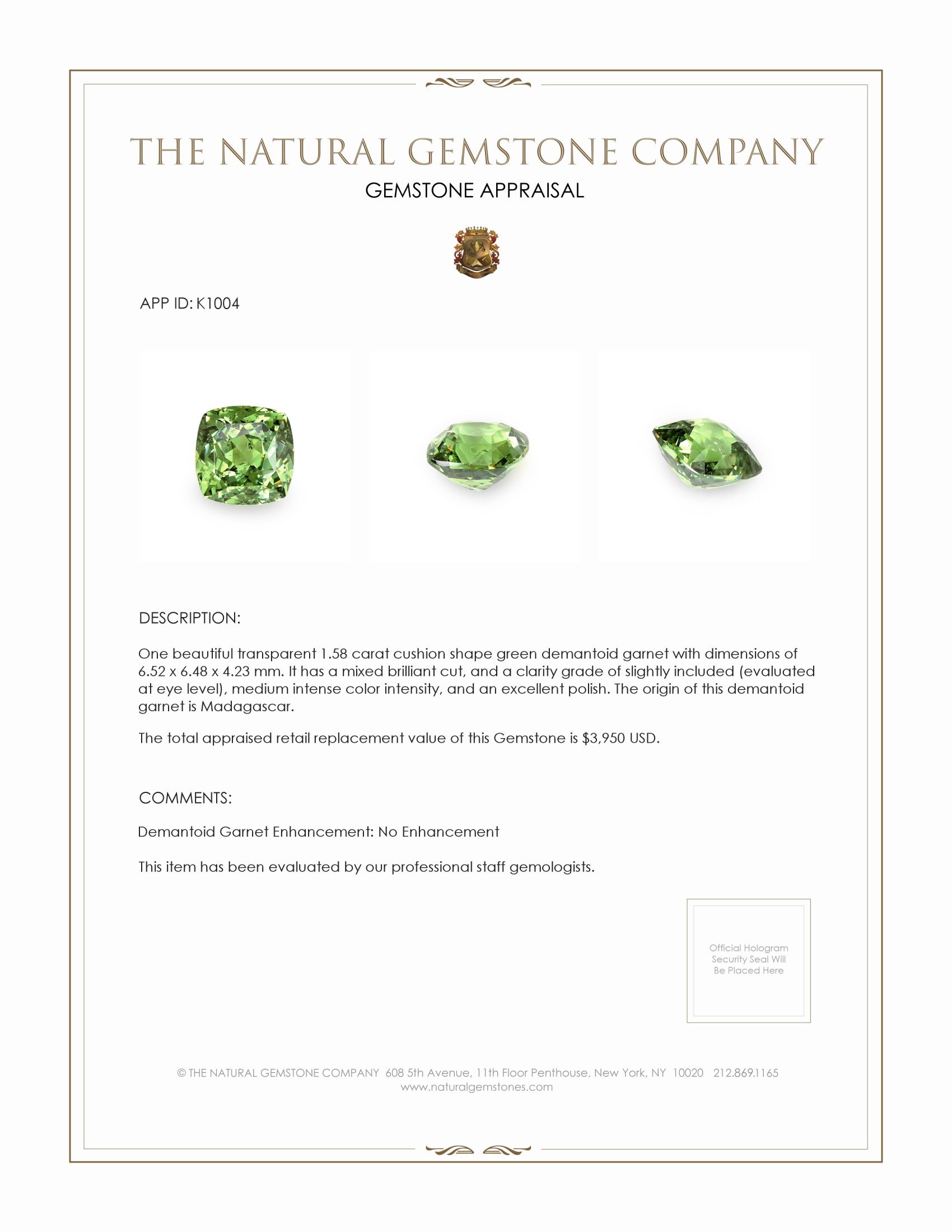 1.58 Ct. Demantoid Garnet from Madagascar