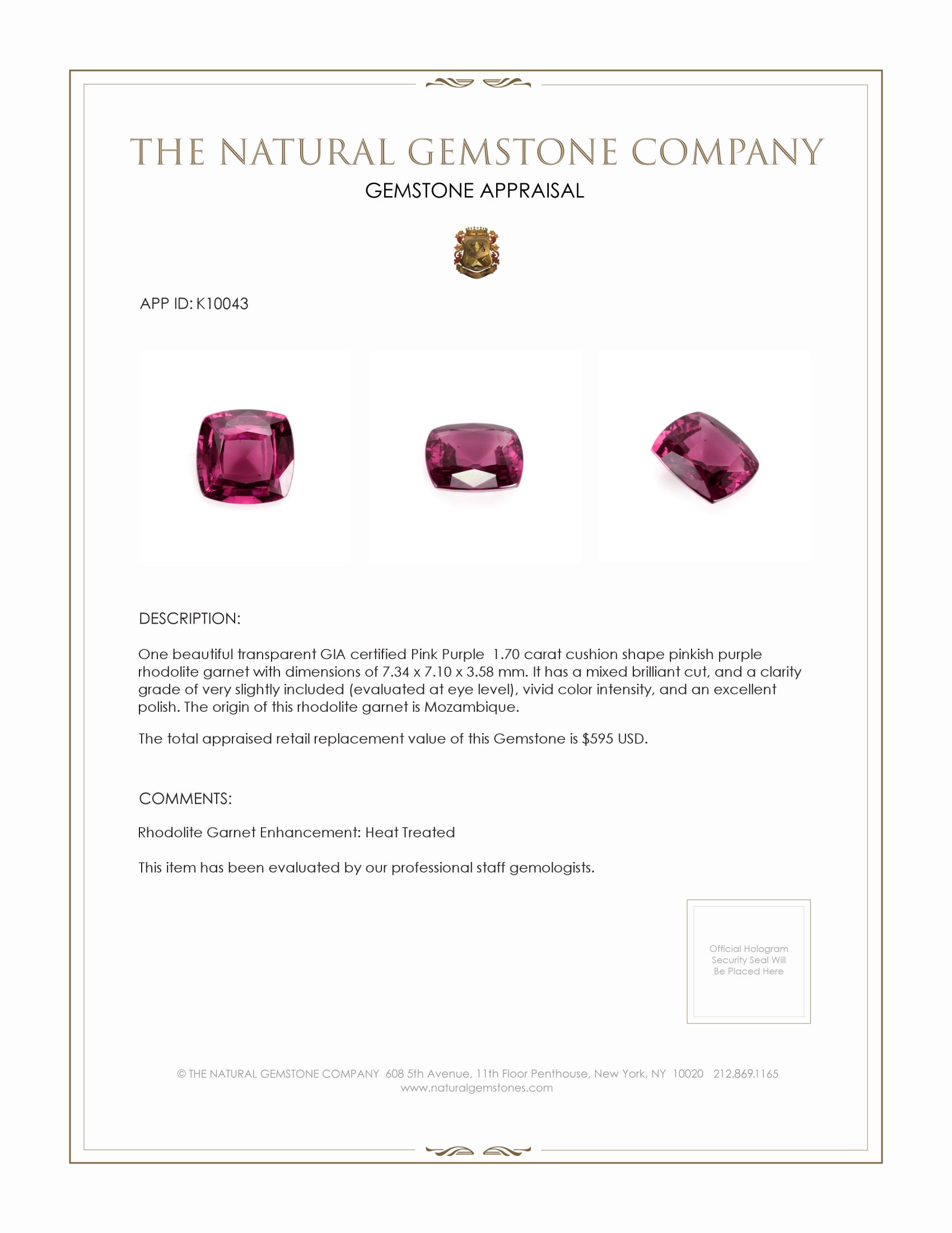 1.70 Ct. Pinkish Purple Rhodolite Garnet from Mozambique